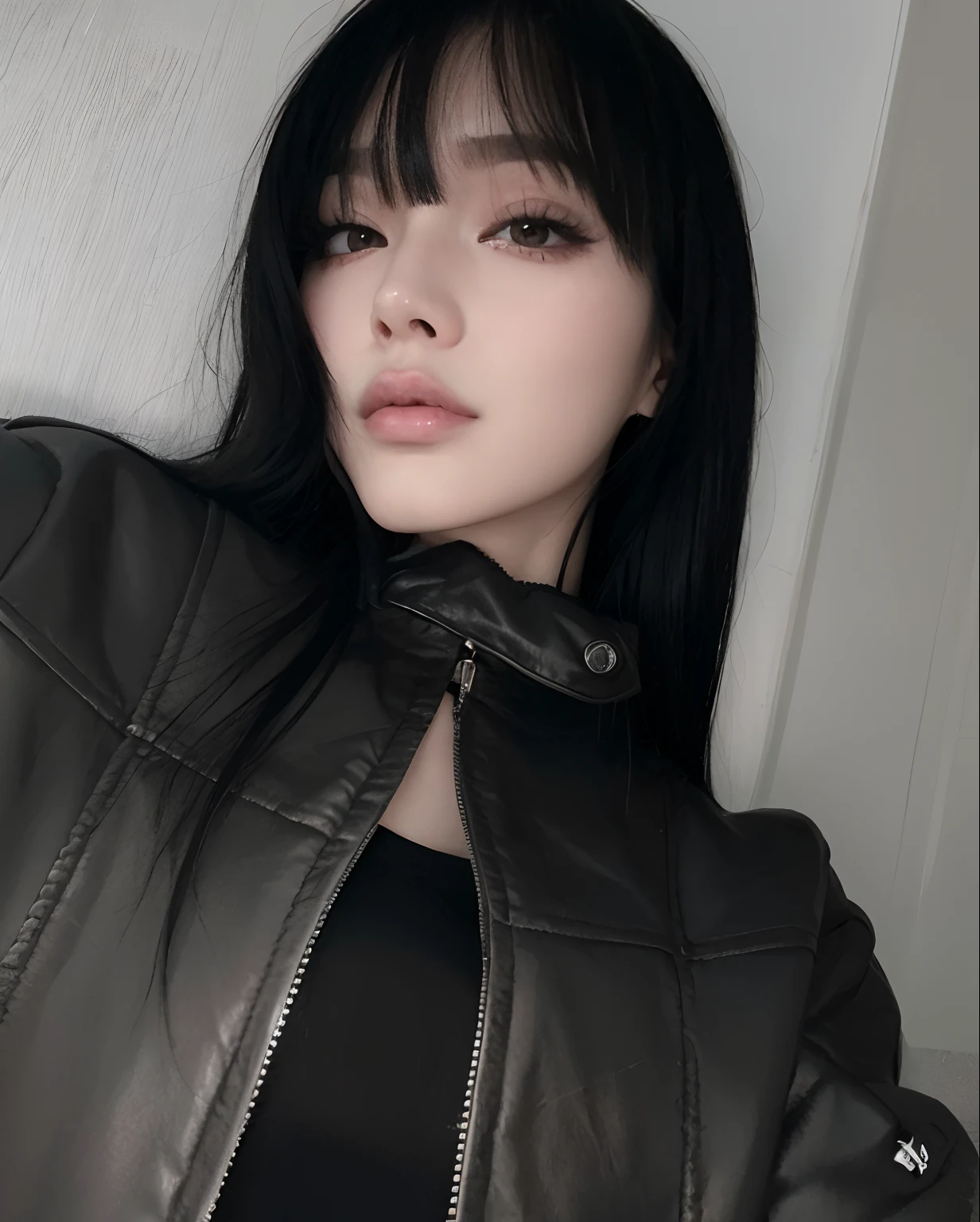 mulher com cabelo preto e uma jaqueta de couro posando para uma foto, Ela tem cabelo preto com franja, cruel korean goth girl, cabelo preto e franja branca, Xision Wu, franja preta, com franja, cabelo preto longo com franja, whitebangscabelo ?????, imagem de perfil, Dom Yunjoo, pale goth beauty, 18 anos, with pale skin