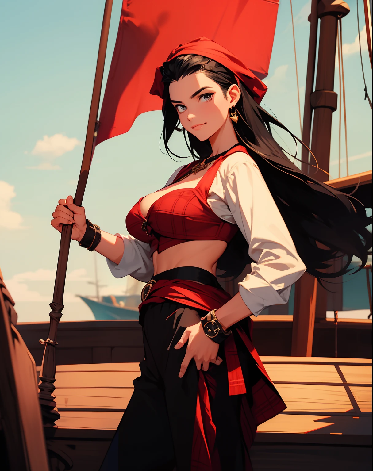 (SFW)Illustration inspired by the master John Buscema,1mulher pirata de longos cabelos negros, olhos azuis selvagens, wearing a red bandana on her head, Shirt – plaid showing off your cleavage, Skinny trousers propped up by an extravagant belt, Putting on buccaneer boots, middlebreasts, sensual, linda ao mesmo tempo, selvagem, Smiling arrogantly on the deck of a pirate ship holding a sharp dagger, Scene showing full body and detailed scenery(SFW)