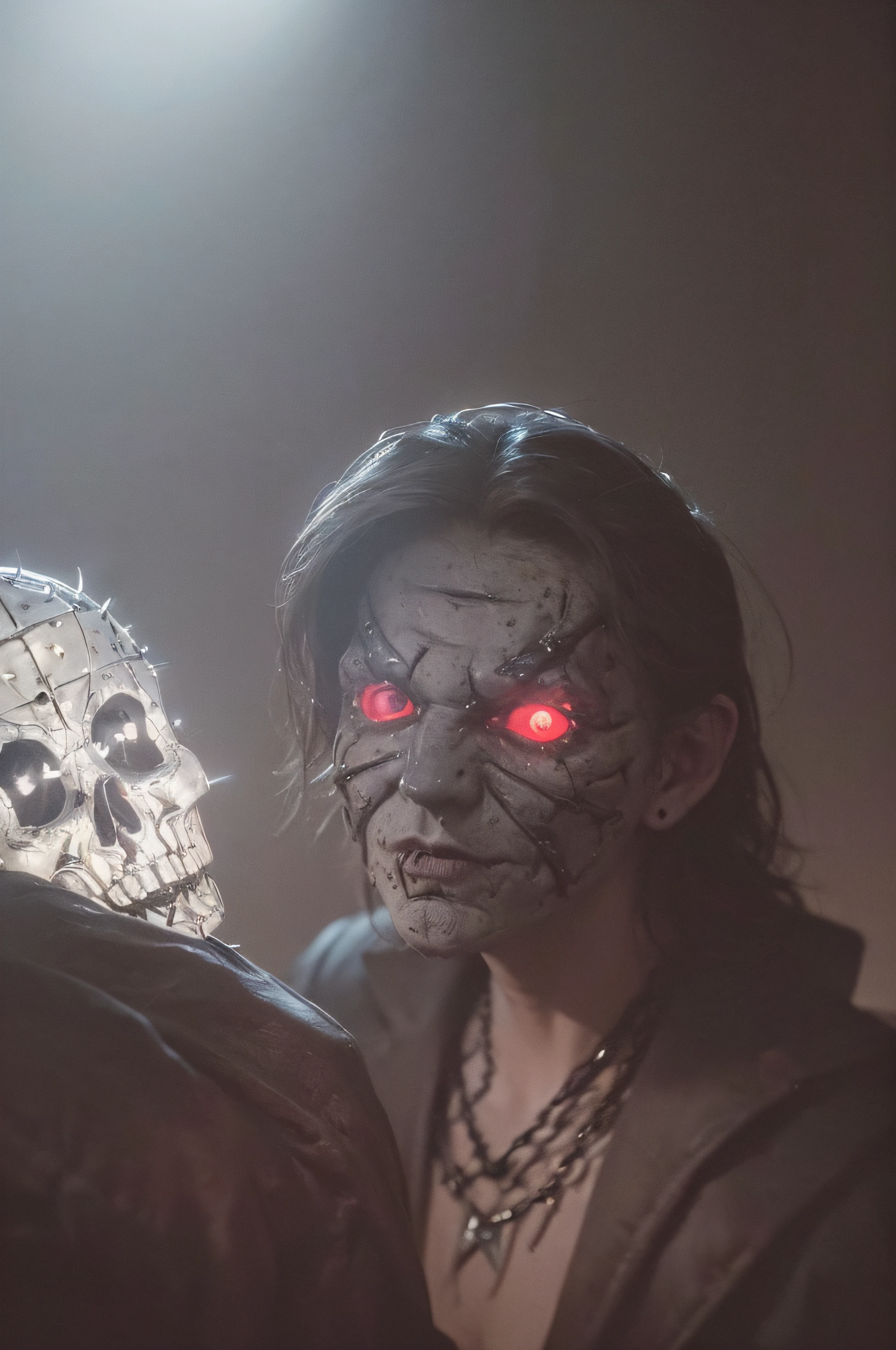 "(The best lighting, oscuro, dramatic),(feto calavera alien, Hellraiser, Cicatrices, , sexy, cerebro, sangre, una rata dentro de la cabeza, terror.),(ojos rojos, calaveras). morning light.