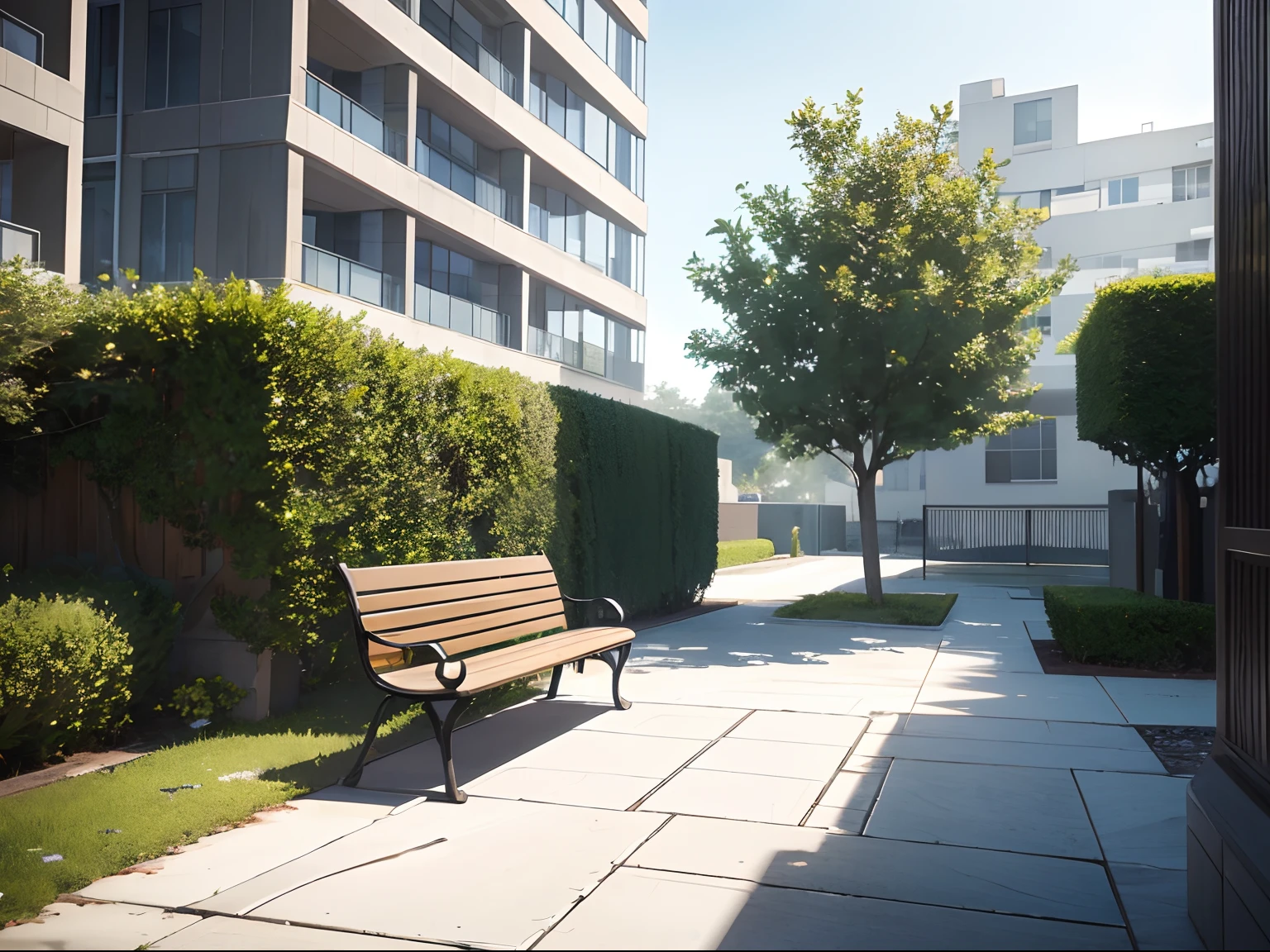 there is a bench sitting in front of a building with a tree casting shade onto it, realistic afternoon lighting, [ 4 k photorealism ], photorealistic cinematic, cinematic shot ar 9:16 -n 6 -g, photorealistic cinematic render, 4k photorealism, 4 k photorealism, photo-realistic unreal engine, realistic cinema 4 d render, cinematic rendering, ((symmetrical)), barren, no people, tree