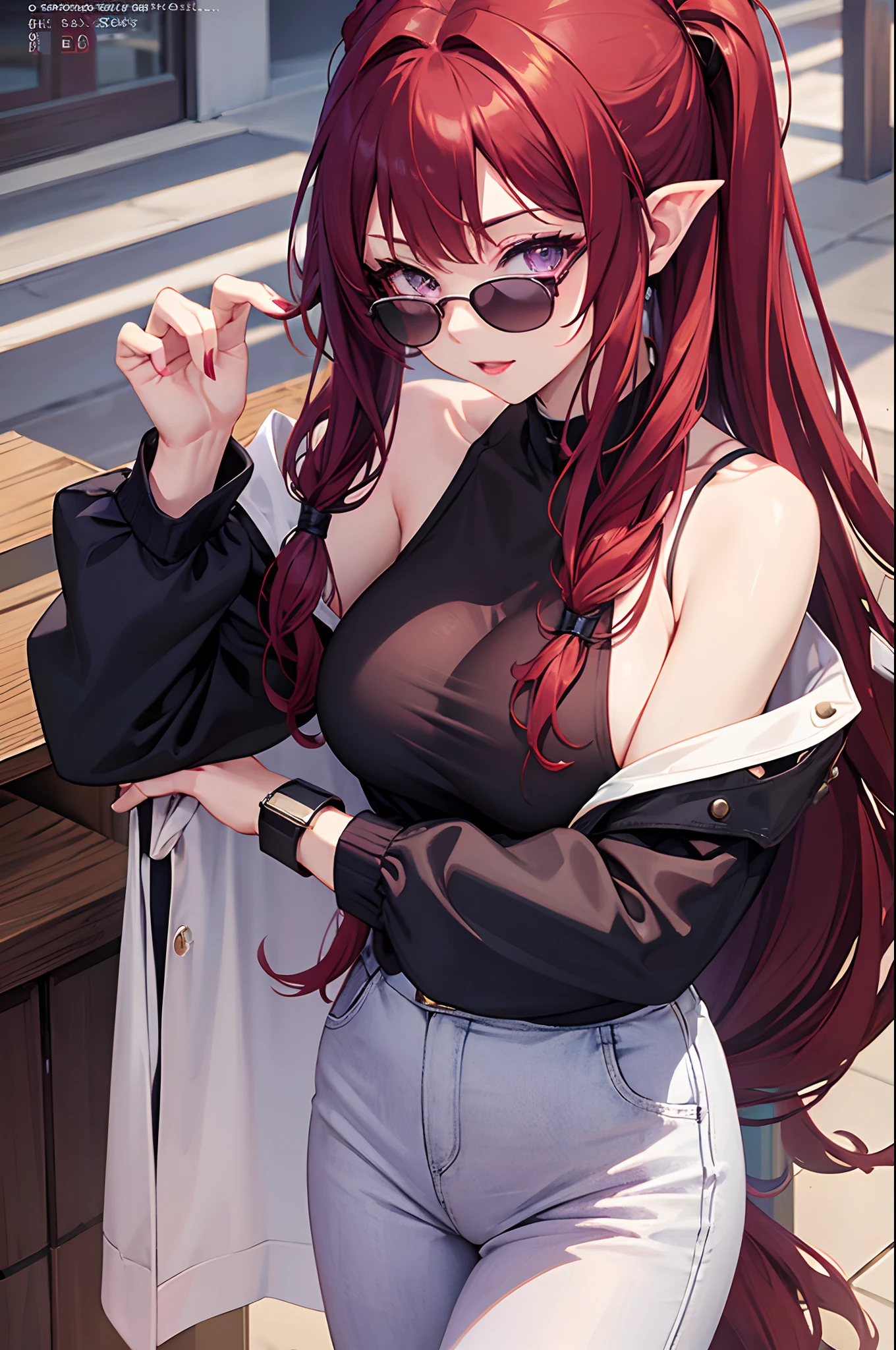 Cover magazine, solo, 1woman, anime, woman, Onee-san, adult woman, mommy, solo, long hair, unusual hairstyles, red hair, purple eyes, sharp ears, model, actress, beautiful, dragon, soft smile, dragon horn, casual clothes, casual style, big breast, Sunglasses, lipstick