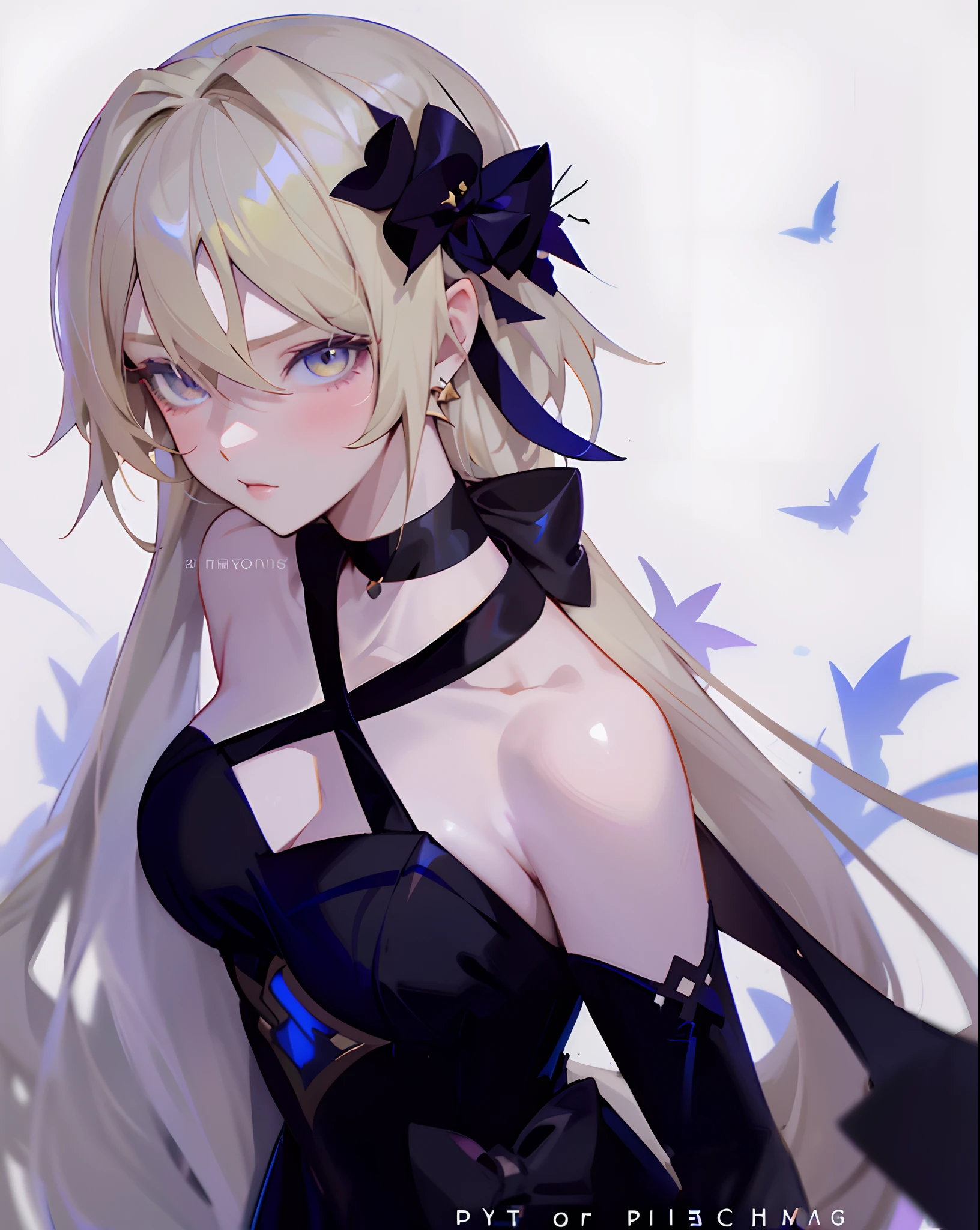 anime girl with long blonde hair and black dress with blue bow, anime girl wearing a black dress, blonde anime girl with long hair, from girls genshin impact, zerochan art, kda, anime artstyle, digital art on pixiv, made with anime painter studio, anime waifu in a nice dress, beautiful anime girl, lumine