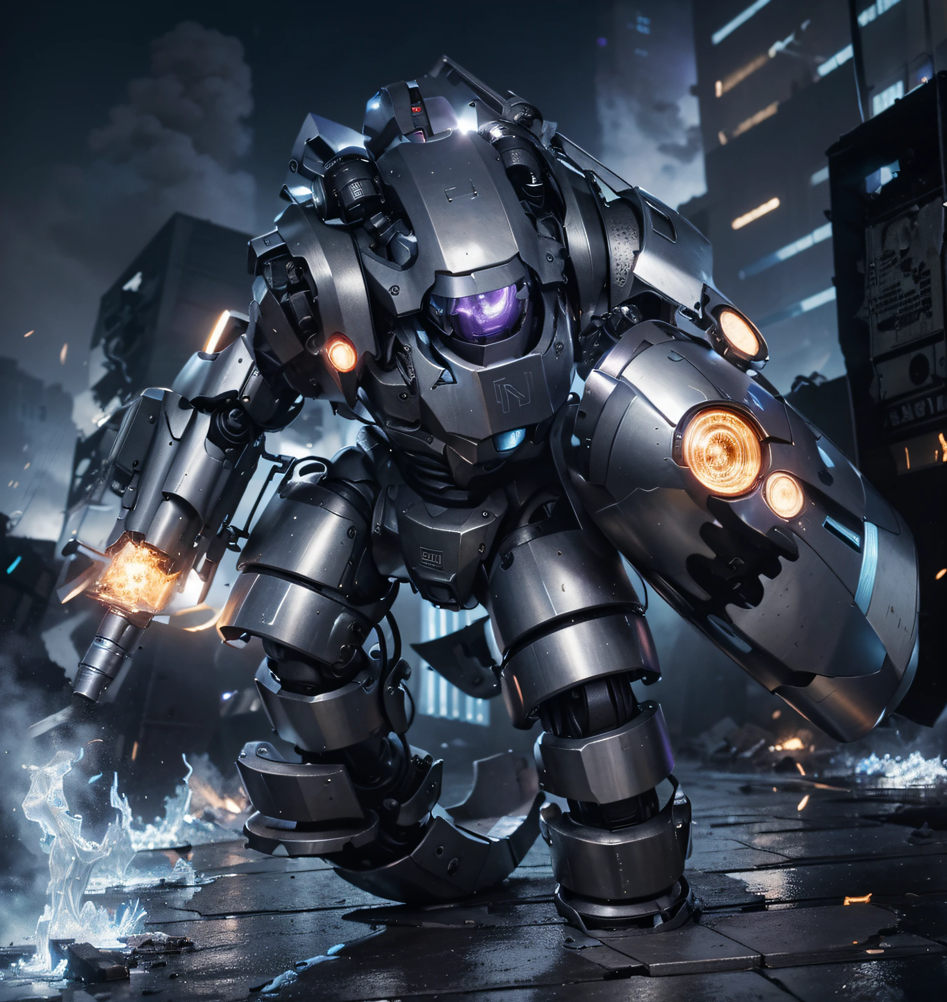 The ultra advanced dieselpunk style robot mech carries a laser cannon on one arm and a shield on the other, Realistic metallic gray color with purple details, this is a completely destroyed city, ultra realistic, Ultra detailed, Hyper realistic, 4k, Ultra detailed image, realistic, Highly detailed, perfect composition, beautiful intricately detailed incredibly detailed, 8K fine art photography, hyper detailed, Masterpieceultra realistic, Ultra detailed, Hyper realistic, 4k, Ultra detailed image , realistic, Highly detailed, perfect composition, beautiful intricately detailed incredibly detailed , 8K fine art photography, hyper detailed, Masterpiece