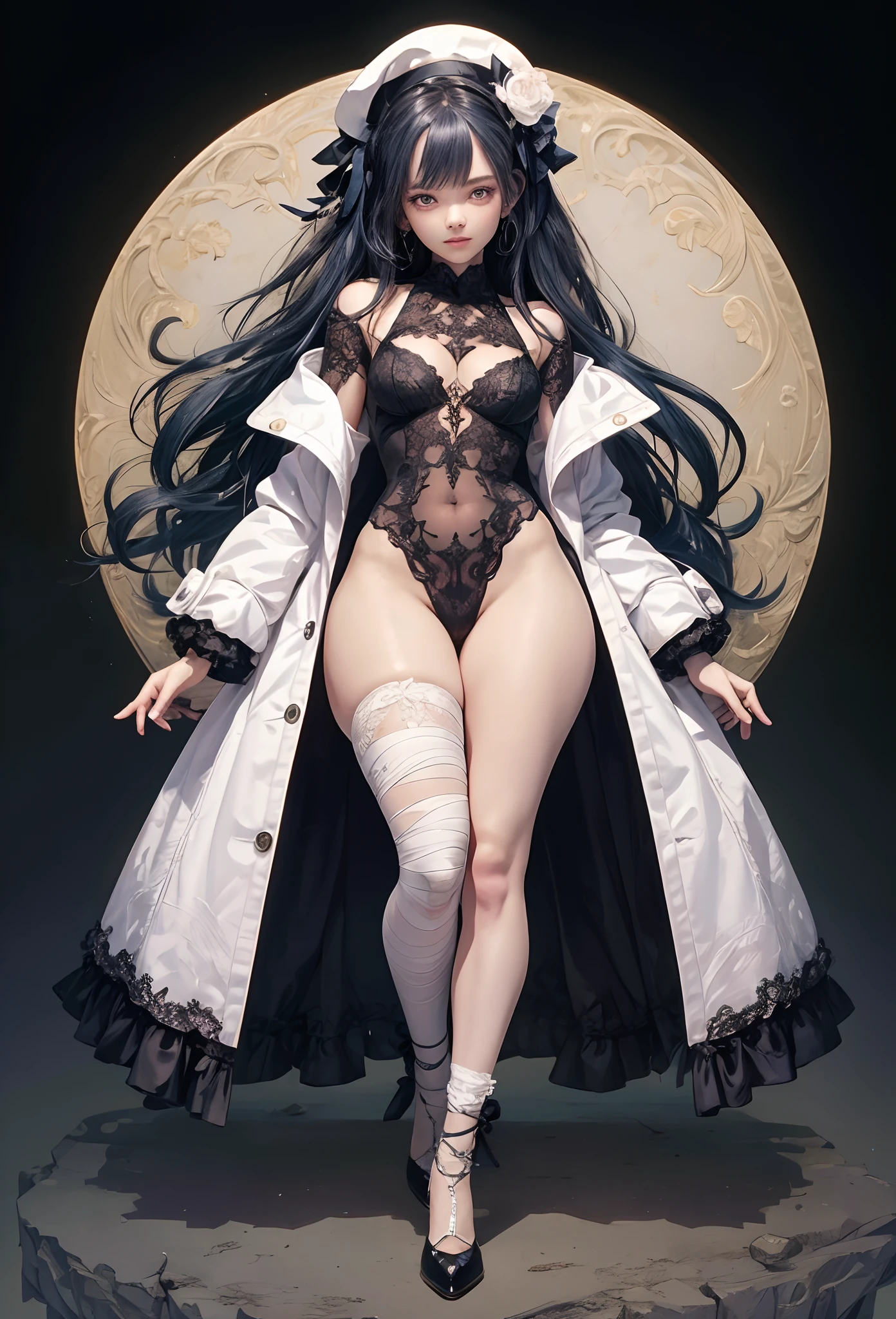 (Detailed illustrations,Very detailed and detailed drawing,Delicate lines with slow and rapid,Realistic texture expression),[Color tressed main line],(Old laboratory[Moon Night]),((Frankenstein's MonsterGIRL) 14years (Stitched skin [seam[Splicing]])[electrode] [SKINNY]) Artificial human,bandaged ((Manteau blanc) [Ren Hao(frilld)bow ribbon])[knee high socks],[Soft ambient light][[Halloween]][Colorful],(Intricate and beautiful decoration [Dense detail]),(Fine and beautiful skin expression [Transparency]),[Perfect eye details (Iris beautifully drawn in every detail)[Jewel-like eyes]],[long and beautiful eyelashes],[Meticulously drawn hair [More on beautiful and shiny hair]],(Perfect hand details [Beautiful fingers without breakdowns [Beautiful nails]]),(Perfect ??????? (Perfectly proportioned)) [[Full body like]],[Ideal color coordination(Accurate simulation of light-material interactions)],(HighQuality,[Precision Detail] hight resolution,(detaileds,high-detail)),[[Pale and gentle colors]][Visual art that conveys a sense of narrative] [[Eros in the Natural Body]].