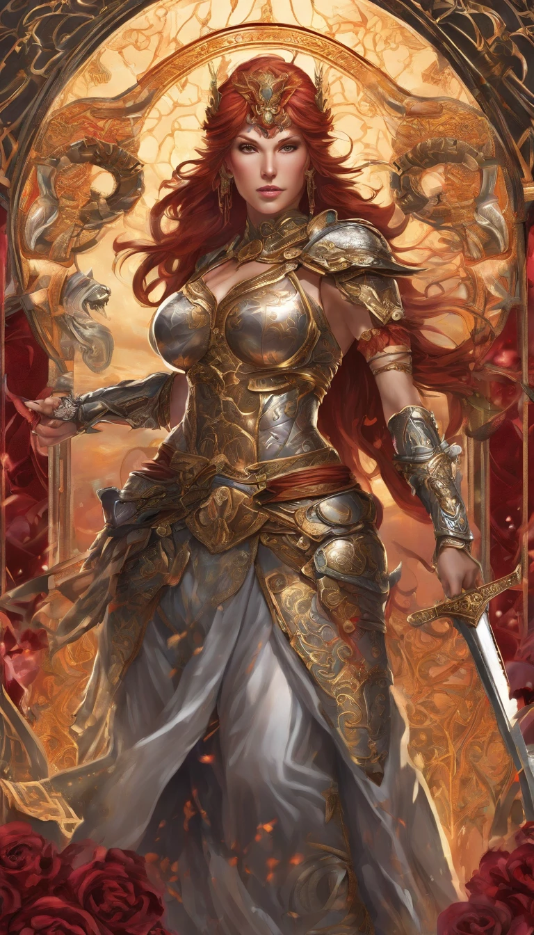 Tall muscled defined woman, detailed armor, red and gold engraved leather armor, intricate designs on the armor, intricate armor engravings, imposing and powerful stance, fierce expression, red wild mane braided hair, dynamic pose, intense battle scene, fantasy setting, vibrant colors, dramatic lighting, epic atmosphere, mythical creatures in the background, magical effects surrounding the sword,  attention to anatomy and facial features, iconic use of highlights and shadows, capturing emotion, masterful composition, portraying strong female characters. (best quality, 4k resolution, highres, ultra-detailed, photorealistic:1.37), HDR lighting, studio-quality rendering, professional-quality artwork based on yoshitaka amano work.