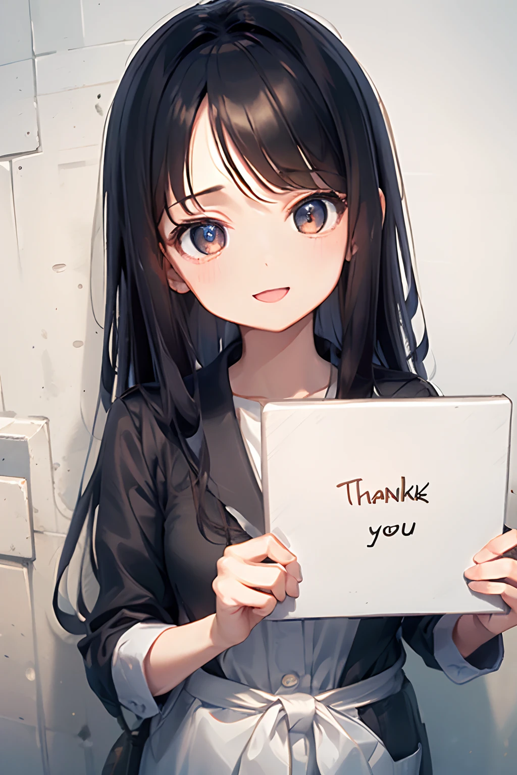masterpiece, best quality, perfect face, perfect eyes, detailed eyes, (flawless hands), correct proportions, expressive eyes, expressive face, detailed hair strands, anime, full body view, volumetric lighting, field of depth, 1girl, solo, long black hairs, golden eyes, cute smile, (happy expression), (winking), ((holding a sign with "Thank you" written on it)), (cafe background).
