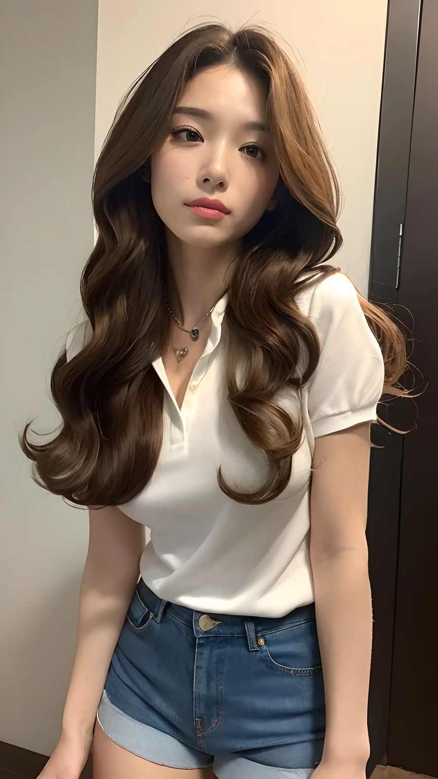 ((best qualtiy, 8K, tmasterpiece:1.3)), Focus:1.2, perfect figure beautiful woman:1.4, Cocked buttocks:1.2, ((Random Long Thick Diva Hairstyle) ((Brown Wavy Hair In Big Curls))（Long white legs：1.3，(Polo shirt With Jean Shorts:1.2) , (inside in room: 1.2), Highly detailed facial and skin texture, A detailed eye, 二重まぶた，Whiten skin，（Straight big breasts：1.3), looking at camera, Wear a necklace，