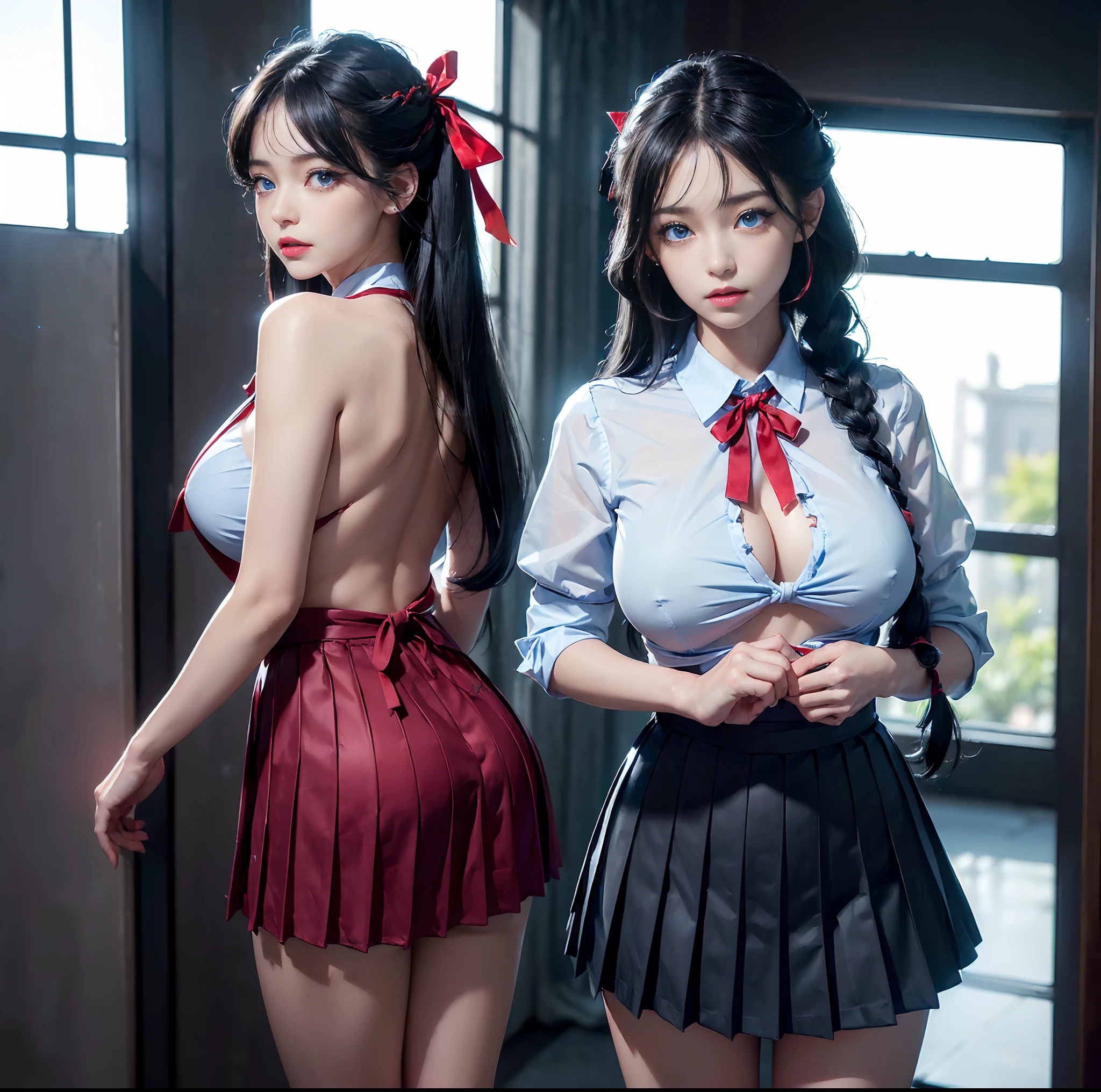 top-quality, ​masterpiece, (Professional lighting without shadows), A hyper-realistic, Bewitching, perfect anatomia, Two girls, (Girl proudly standing in front of camera shows off high school girl uniform ribbon ties, Another girl on the other side, Bend over and stick your butt out towards the camera), ( Huge breasts:1.2), (Bright and even whitening skin without wrinkles and steps), (Bright beautiful blue eyes with long black eyelashes and red tear bags reflected light:1.5)、 (Braided half-up hair with bangs:1.2), (Although her costume is naked、Only the upper body、Dress up cramped schoolgirl uniform skirt and ribbon tie directly on bare skin:1.3), (Proudly showing off a crimson ribbon tie from the front:1.2), (Another girl on the other side、To beautifully emphasize the proud ultra mini pleated skirt、Showing off a pose with the buttocks exposed from directly behind:1.3), (Beautiful face squinting in dazzling light:1.4), ssmile,