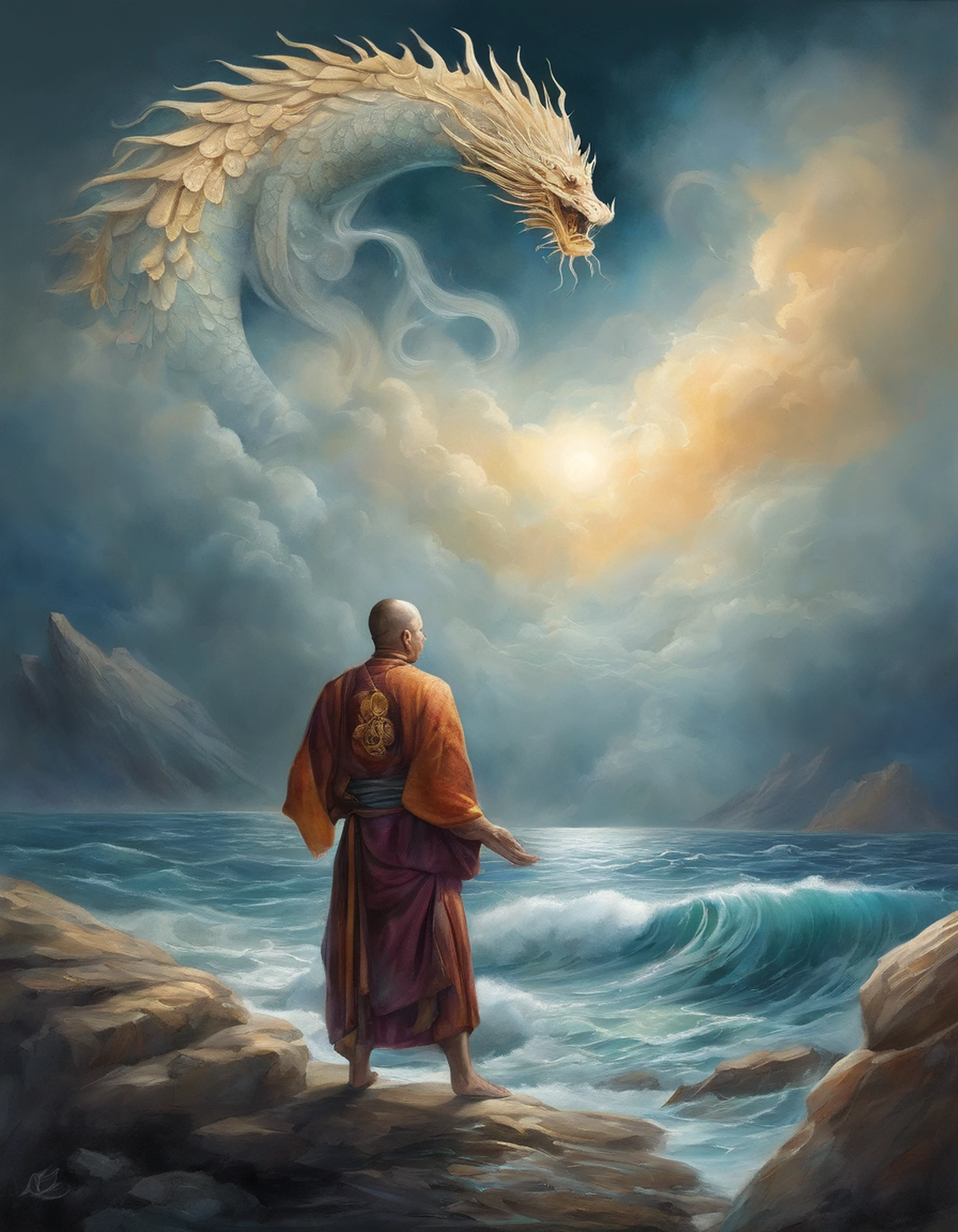 Vickers style, The graphics in the poster design are ocean colors, Chinese dragon in ink painting,,  a Buddhist monk praying peacefully, As a water god, Living in the North Sea, Control thunderstorms at sea, an ancient Chinese god,  Super sharp,Realistic details,Auspicious clouds, depth of fields, God Ray, fantasy coloring, romanticism lain, art-deco, Cinematic lighting, Depth of field, Sparkle, god light, Ray tracing, Ultra-wide angle, first person perspective, Wide shot, hyper HD, High quality, High details, Textured skin, Best quality