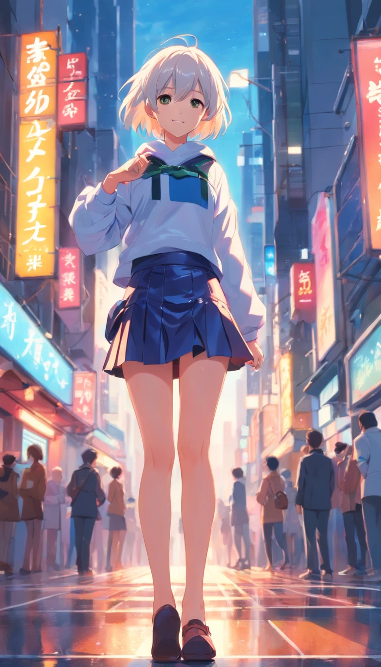 best qualtiy, tmasterpiece, 超高分辨率, realisticlying, 1 girl,(long white hair),Heterochromic pupils,(ssmile)(Leather skirt set),Neon Square,wide angles