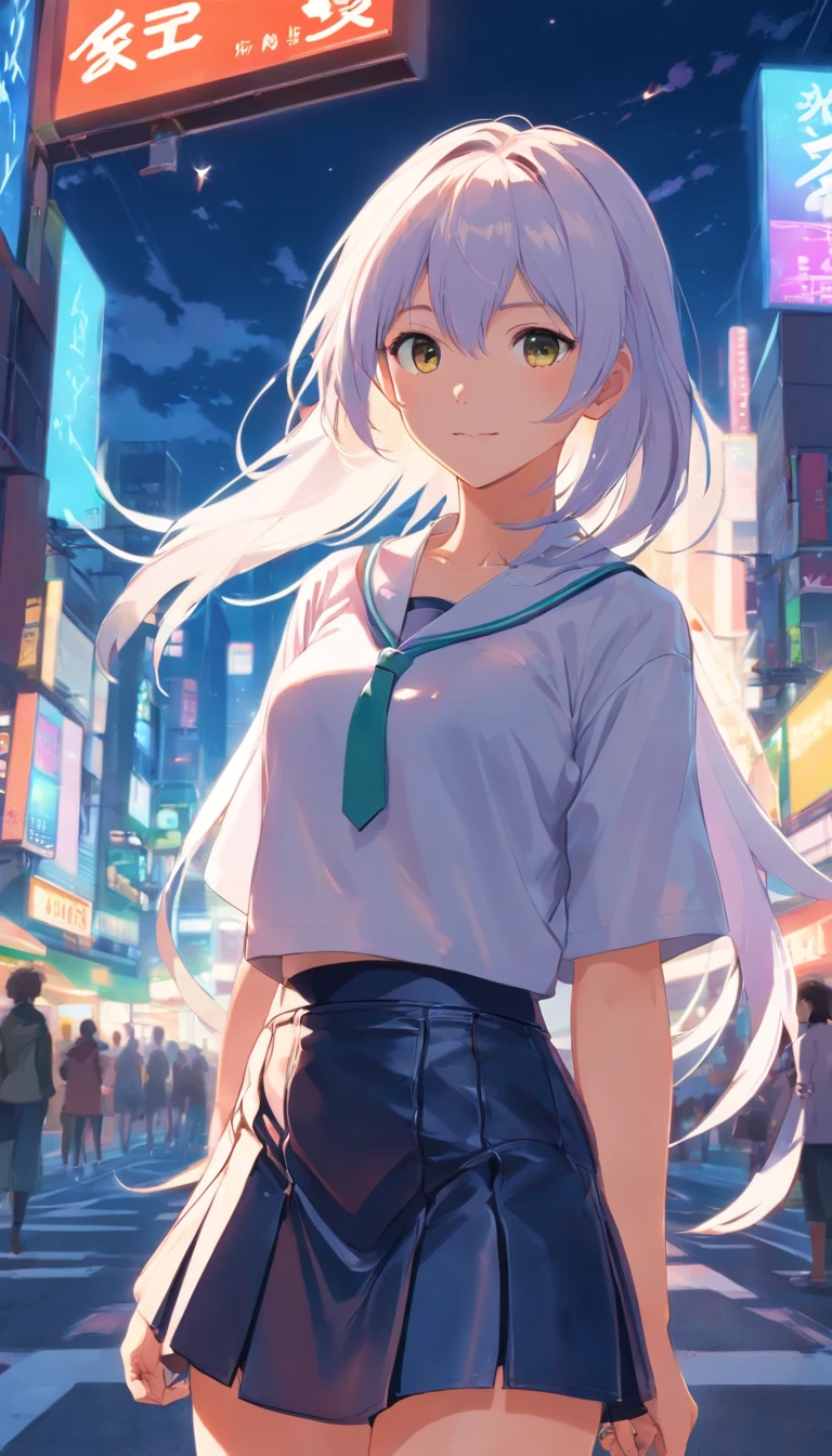 best qualtiy, tmasterpiece, 超高分辨率, realisticlying, 1 girl,(long white hair),Heterochromic pupils,(ssmile)(Leather skirt set),Neon Square,wide angles