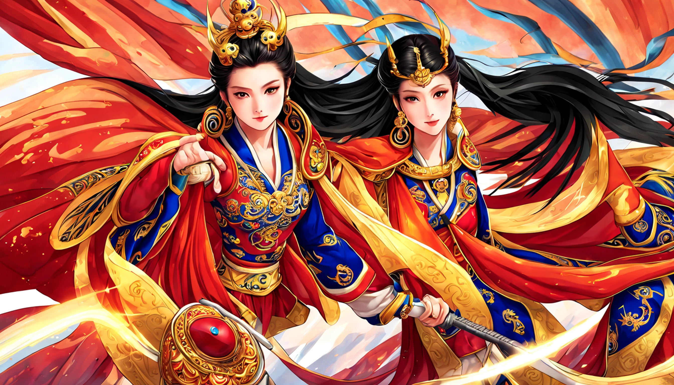 A female emperor, ancient Chinese imperial robe, majestic domineering, dragon flying phoenix dance, sunshine, clear face, clean white background, masterpiece, super detail, epic composition, ultra hd, high quality, extremely detailed, official art, uniform 8k wallpaper, super detail, 32k -- v 6