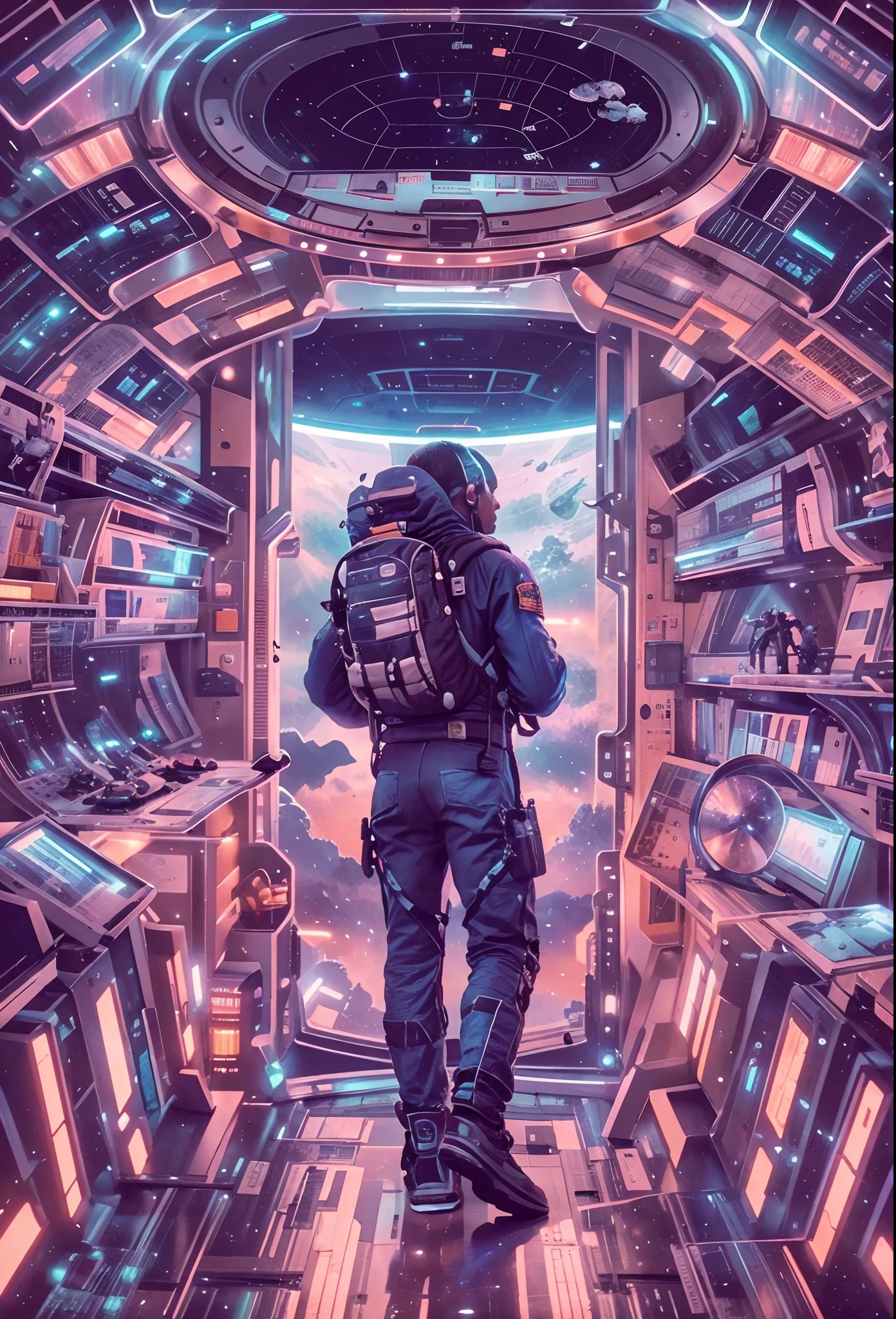 Close-up of a man carrying a backpack on a space station, Science-fi digital art illustration, scifi illustration, scifi illustration, sci-fi illustrations, sci-fi illustrations, looking off into space, scifi illustration, borne space library artwork, greg beeple, sci-fi artwork, beeple daily art, in the style of beeple