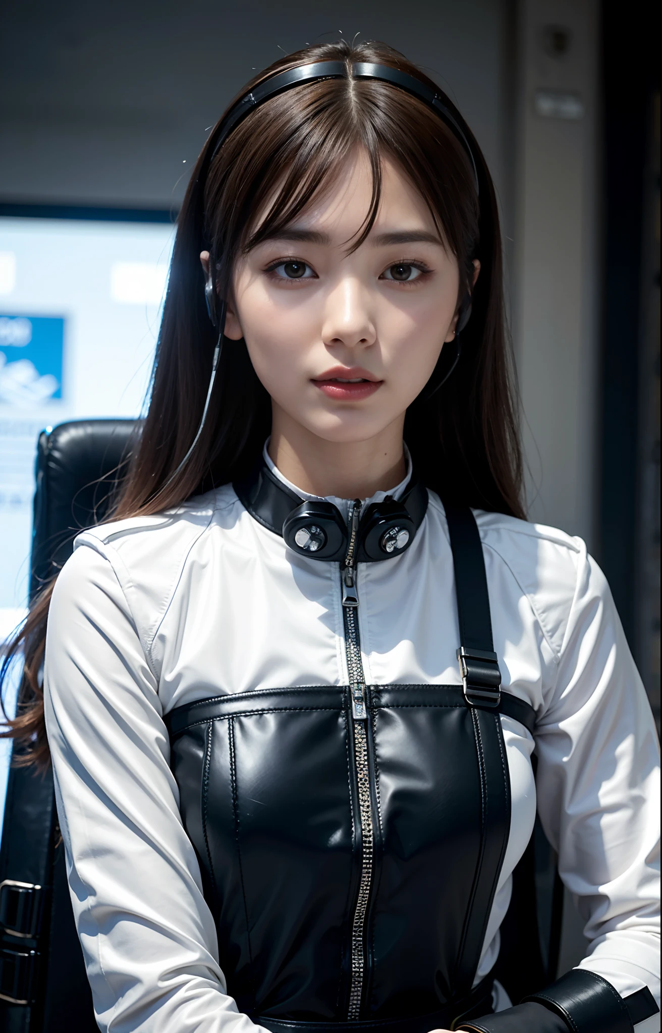 Highest image quality, outstanding details, ultra-high resolution, (realism: 1.4), highly condensed 1girl, with a delicate and beautiful face, ((close up:0.75)), (wearing racing suit likes police uniform, black and grey mecha, wearing military harness, a high-tech headset, holding a machinegun), (scared:1), background, no body, fires, smokes,