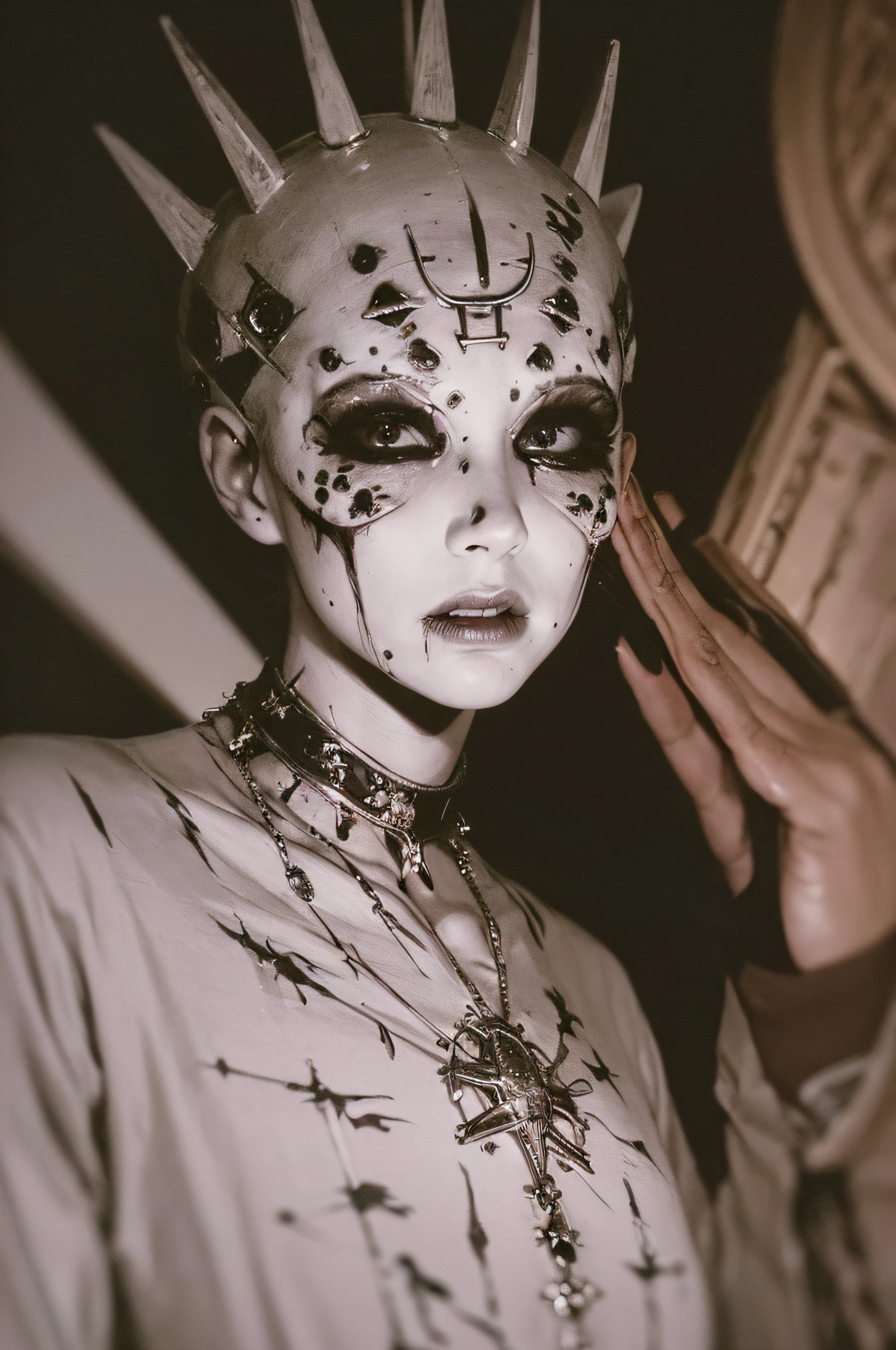 portrait, ,close up of a thick horrific with Rayon skin, Buzz cut hair, Primordial Barrette, Mask made out of Gems, at Sunrise, FOV 90 degrees, Detailed illustration, (surrealism:1.1), (disturbing:1.1), (cottagecore),), impressionist, (majestic:1.2), (breathtaking), (suggestive:1.3), (depressing:1.3), (enticing:1.4), (irresistible:1.4), disturbing, (fascinating:1.2)