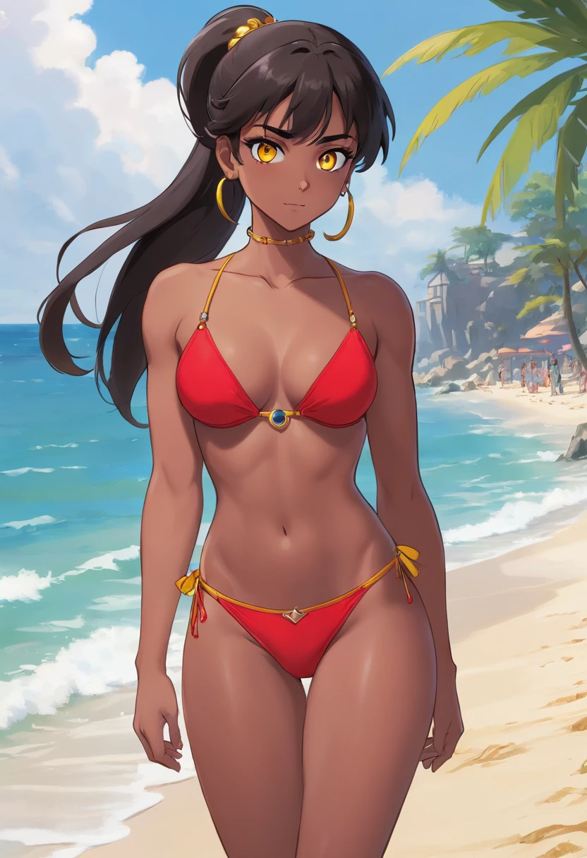 Young dark-skinned Arab girl with yellow eyes, tall, large breasts, strong, athletic, fit, muscular, great abs, black hair in a ponytail. Wears topless red bikini, lots of gold jewelry and navel piercing. She is standing on Oak Street Beach in Chicago
