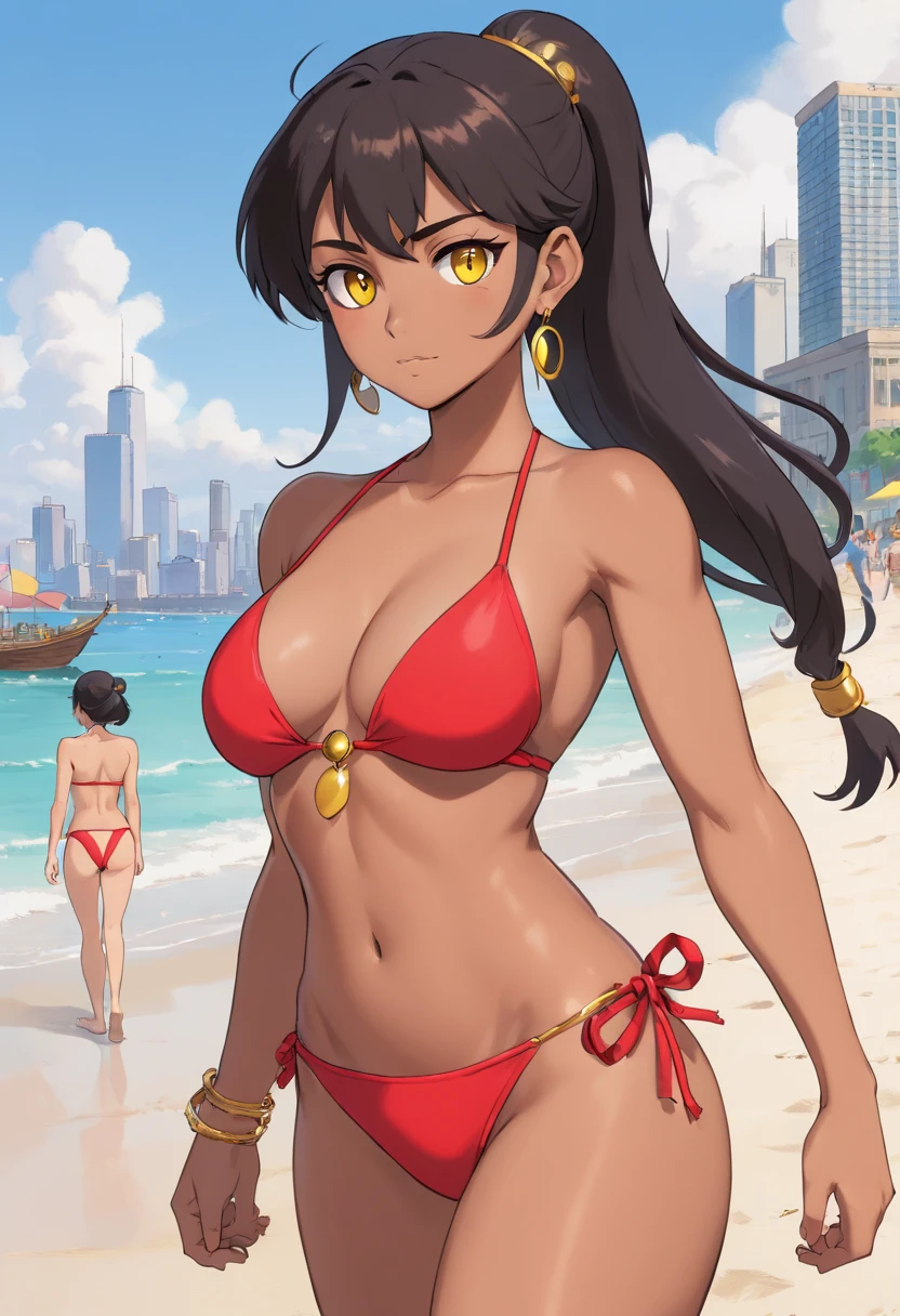 Young dark-skinned Arab girl with yellow eyes, tall, large , strong, athletic, fit, muscular, great abs, black hair in a ponytail. Wears topless red bikini, lots of gold jewelry and navel piercing. She is standing on Oak Street Beach in Chicago