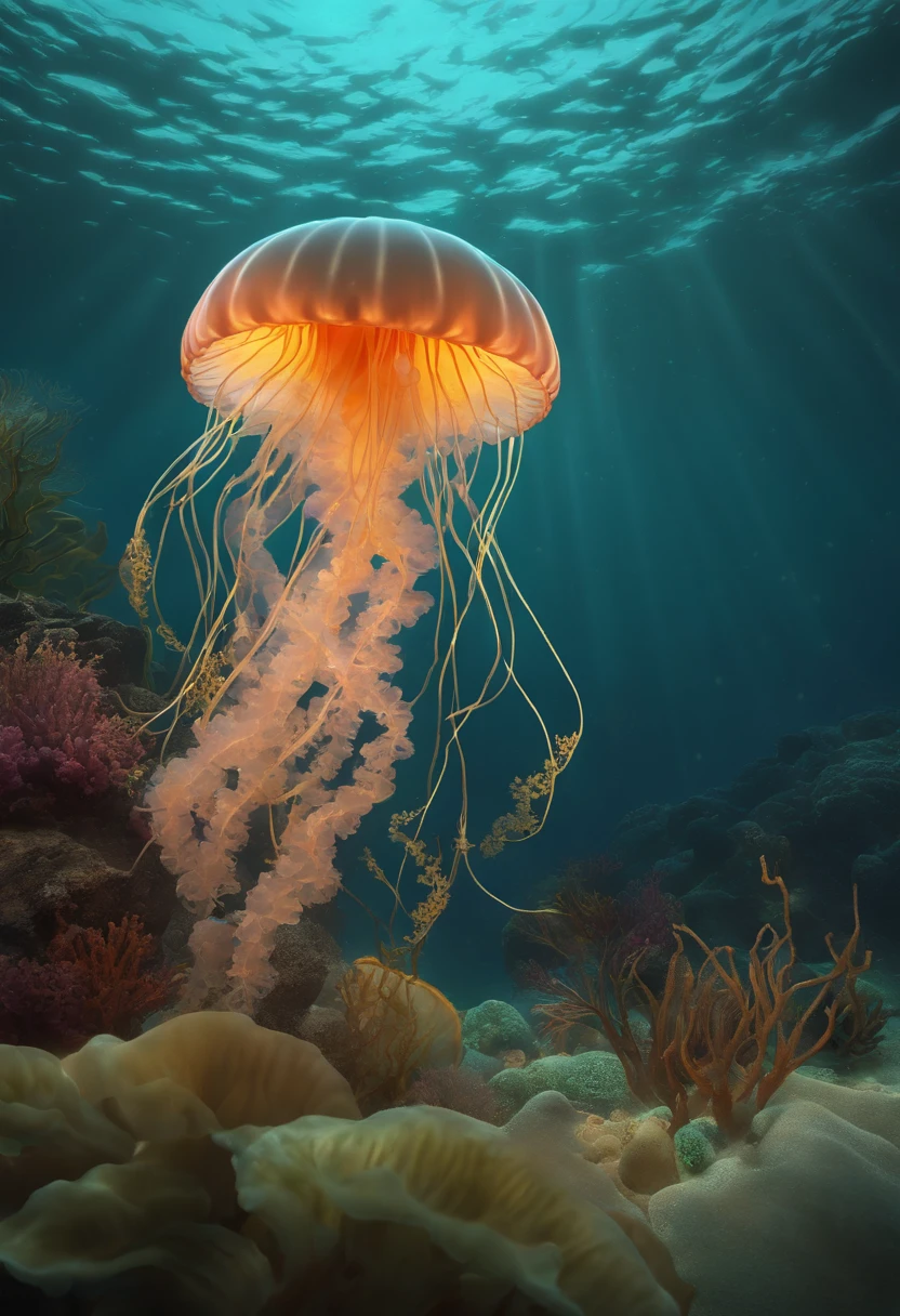 Jellyfish swimming in the ocean with corals and algae - SeaArt AI