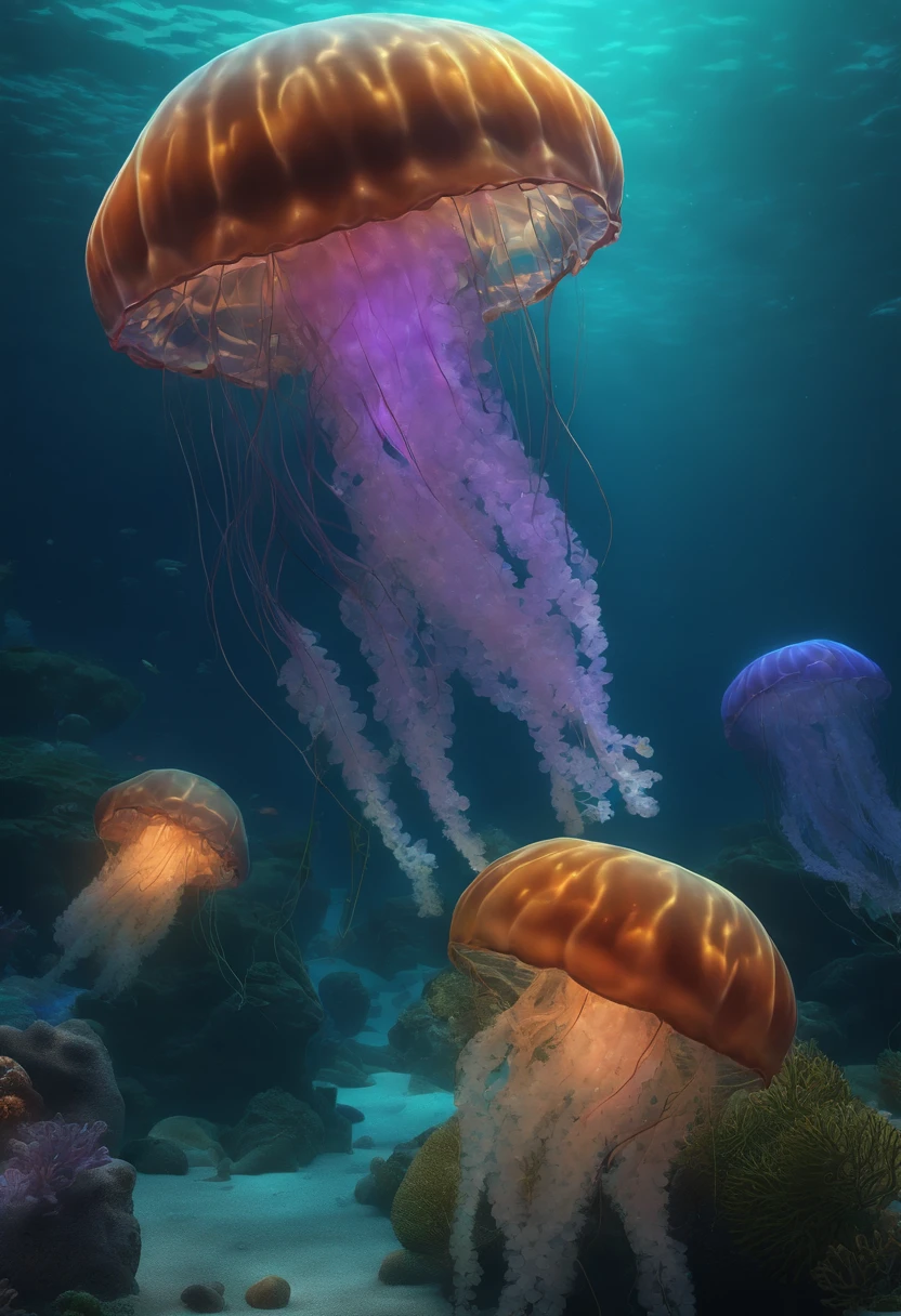 master part, best quality, (muito detalhado CG unidade 8k wallpapers), (best quality), (better illustrations), (Melhores Sombras), Tema marinho com elementos naturais. Manguezais altos, ricas plantas marinhas, Bright Jellyfish, Cercado por cardumes de peixes, glowing particle effects,, (plantas marinhas), (Tema Oceano), ((algas luminosas)), (coral), ((Bright Jellyfish )), ((Glowing creatures in seawater)), ((Fogo no Mar)), (((particle effect))), 3d isometric, octane rendering, ray tracing, super detalhado