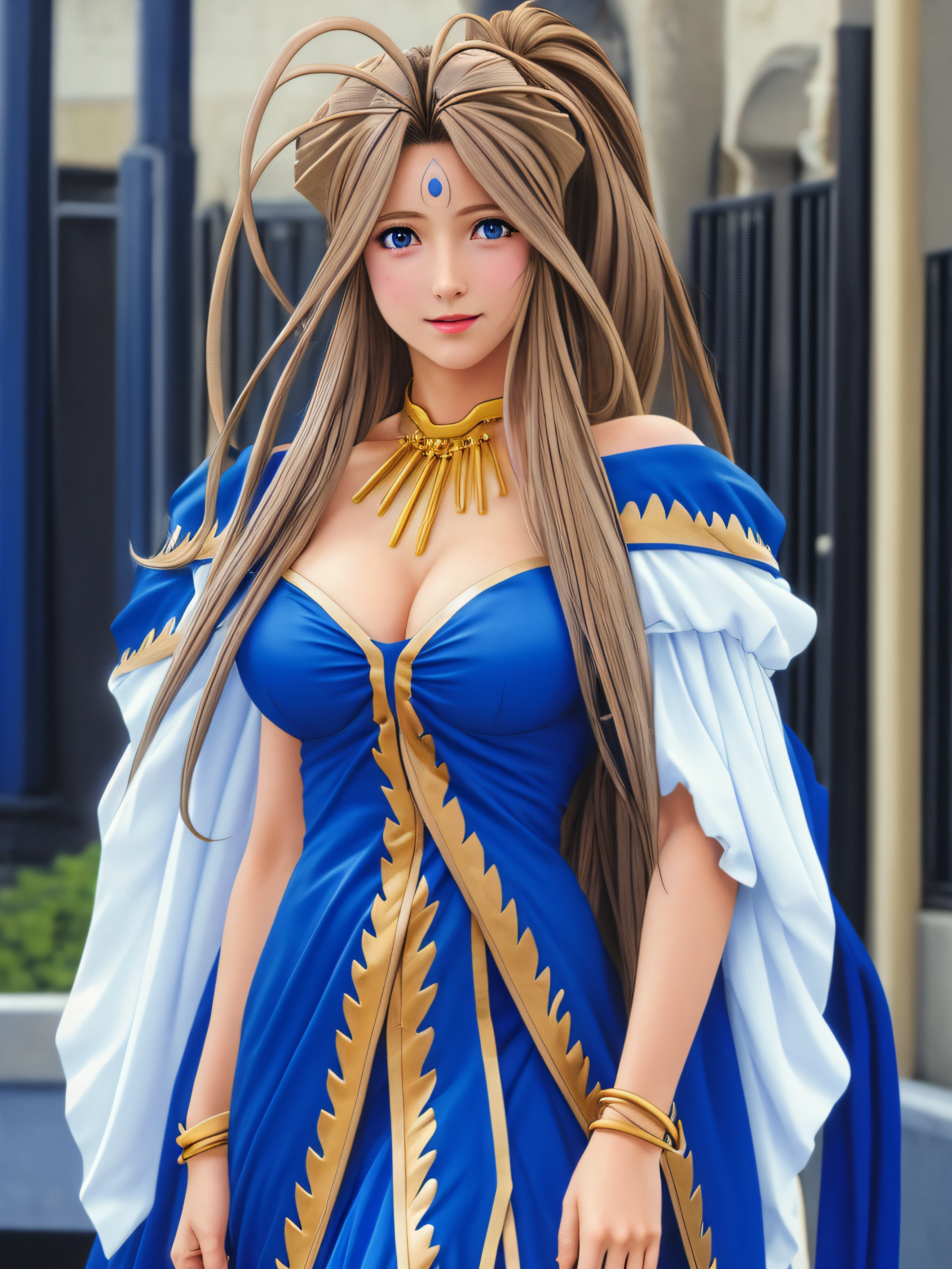 belldandy, Belldandy_Blue_Dress, large breasts, standing, solo, masterpiece, best quality, detailed face, detailed eyes, highres,