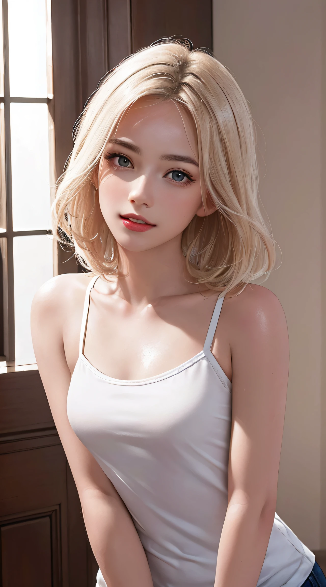 (8K, RAW Photos, of the highest quality, Masterpieces: 1.2), (Realistic, Photorealistic: 1.37), Highest Quality, Ultra High Resolution, focused eyes, light  leaks, Dynamic lighting, Slim and smooth skin, (Full body:1.3), (Soft Saturation: 1.6), (Fair skin: 1.2), (Glossy skin: 1.1), (Oiled skin:1.2), 18 years old, Night, Indoor, Strong morning light from the front,
BREAK,
shiny white blonde, Well-formed, Hair fluttering in the wind, (Close-up shot of face only:1.2), Physically Based Rendering, From multiple angles, (Cute:1.2), Beautiful hair blown in the wind, all-fours, Chest is sheer, Well equipped, Sheer, Transparent, Glittering Gemstones, beautiful body shape, It features a simple,
BREAK,
Hair volume decreases towards the ends of the hair, Beautiful skin without blemishes, (thin white small camisole,,,:1.2), Sparkly lips, The air is clear, shiny white blonde hair, Light is coming in from various directions, Hair through intense light, (Erotic:1.3), (Bare chest:1.2), (Small breasts:1.2), Under the breasts, narrowwaist, narrow shoulders, gazing at viewer, Big smile, spring, Bathing,shorth hair