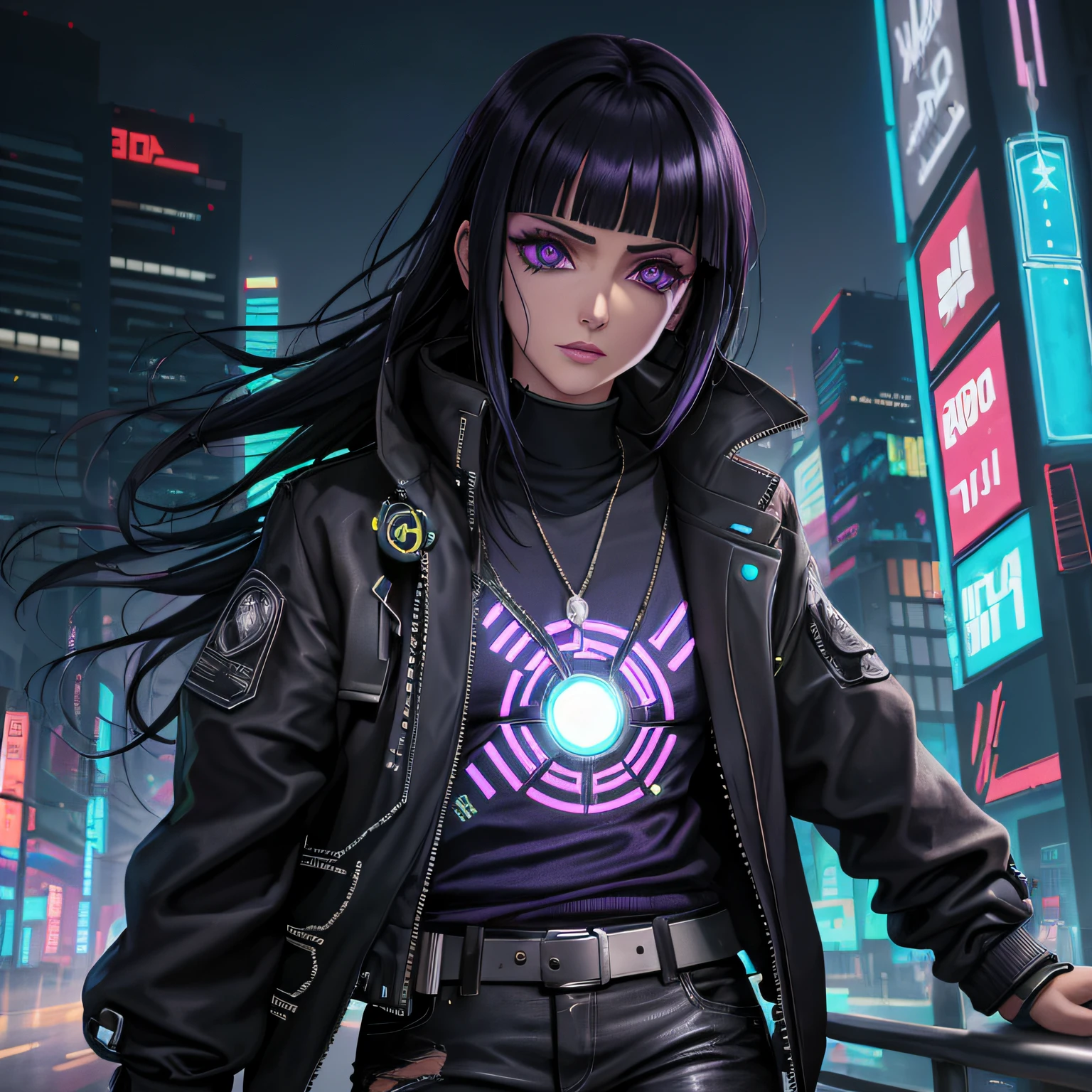 melhor qualidade, obra-prima, cinemactic, realista, Cyberpunk, cidade cyberpunk, Neon light, volumeric lighting, black sky, (chovendo, trovoada), ""identical character Hinata from the boruto anime"" rosto pefeito detalhes no olhar e no rosto em alta qualidade tudo bem detalhado (roupas cyberpunk, moletom, Slacks, roupas punk), water reflecting off the ground, ((rosto oculto)), Close-up, (roupas rasgadas), bunda de bolha,