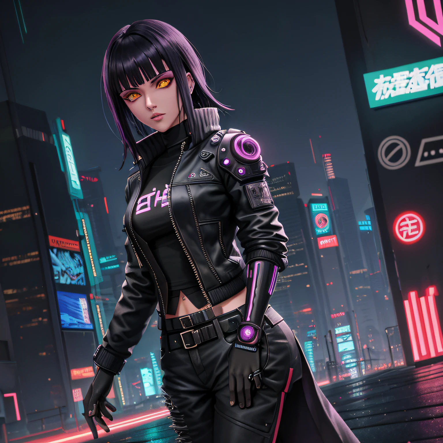 melhor qualidade, obra-prima, cinemactic, realista, Cyberpunk, cidade cyberpunk, Neon light, volumeric lighting, black sky, (chovendo, trovoada), ""identical character Hinata from the boruto anime"" rosto pefeito detalhes no olhar e no rosto em alta qualidade tudo bem detalhado (roupas cyberpunk, moletom, Slacks, roupas punk), water reflecting off the ground, ((rosto oculto)), Close-up, (roupas rasgadas), bunda de bolha,