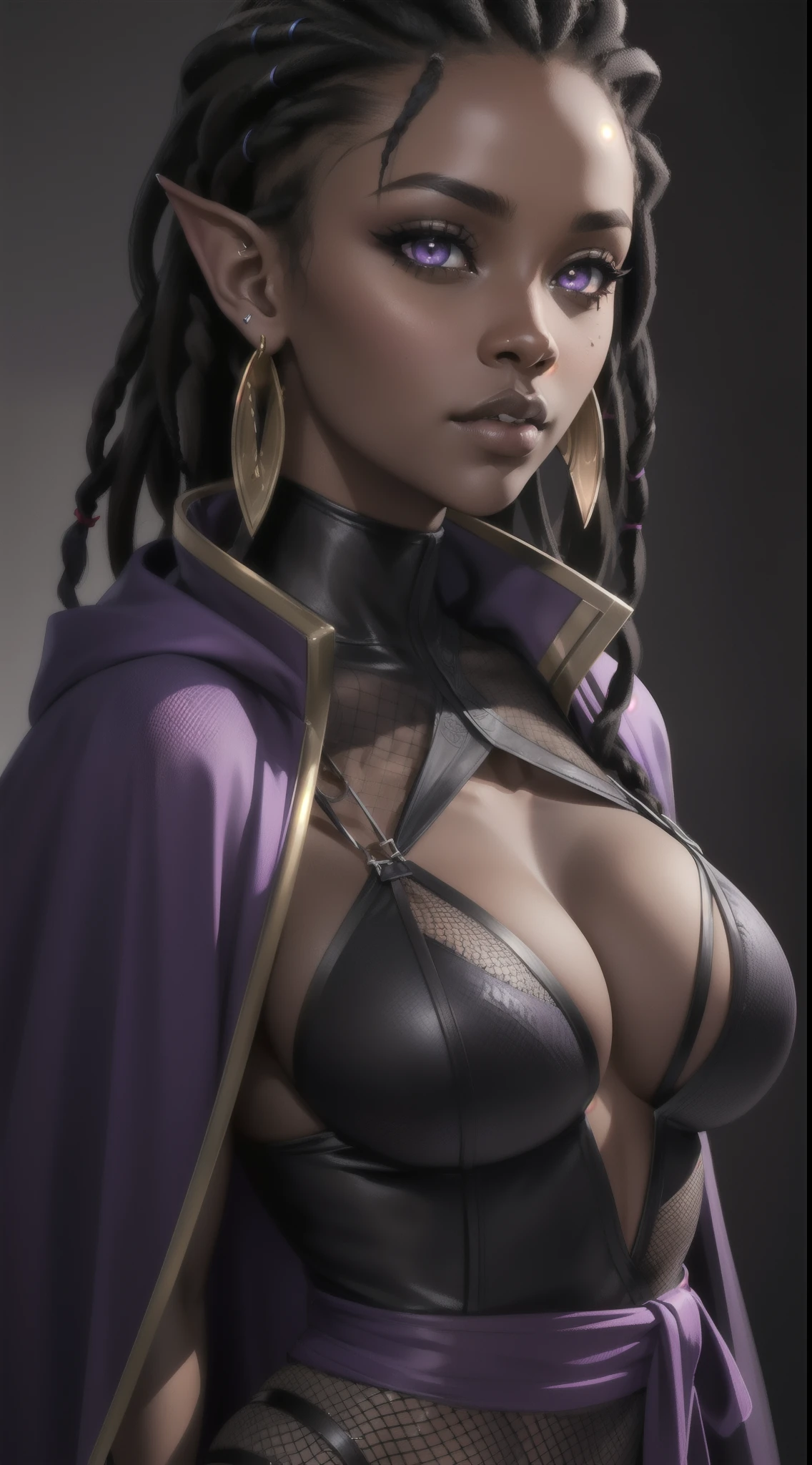 (Concept Art) of an (African-American) female, with dark black (dreadlocks), purple eyes, (dark brown skin), pointed ears, (slutty assassin), (fishnet) sexy sith robes, (lust) demon, close-up shot, perfect composition, hyper-detailed, 8K, high quality, (perfect eyes), trending art, sharp focus, studio photo, intricate details, quality pose