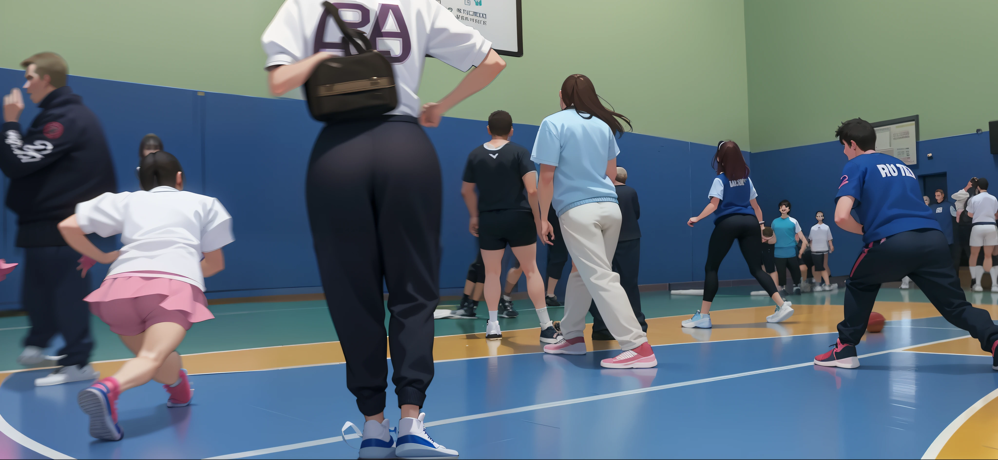 A lot of people are standing on the basketball court with their backs to the camera, The largest entrances in history, long shot from back, in the high school gym, long shot from back, taken on a 2010s camera, Very grainy, Very grainy image, Other women dancing behind, low quality photo, Kick and hip shot, in the gym