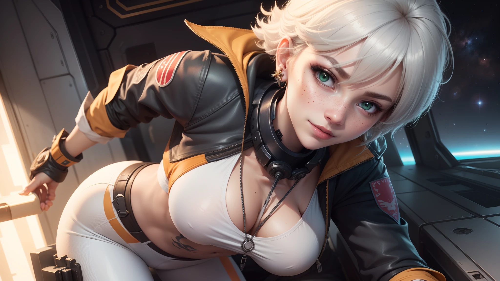 gwen tennyson,ryuuko matoi,y'shtola rhul,tracer,atelier ryza,overwatch,close up,mecha pilot,space port,tattoos,orange and silver plugsuit,white short sleeve lycra top,steel cargo pants,uncovered belly,short hair,cute makeup,green eyes,dimensional golden hair,shy smile,freckles,beautiful girl,large breasts,8k,ultra detailed,realistic,fantasy art,saiyan armor,cyborg armor,steel armor,space ship,pilot uniform,ear piercings,hair pin,super saiyan girl,saiyan female,pilot jacket,