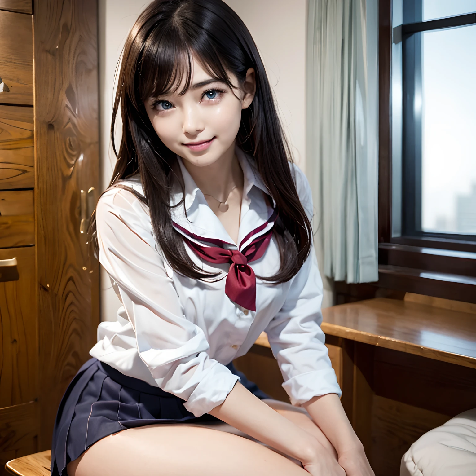 8K, RAW portrait of、 (Women in Japan),​masterpiece、Photorealsitic:1.photos realistic, 超A high resolution, Best Quality, Real life photography ,( At night ),
1womanl,(( deep in the night、Girl sitting on sofa、Show off your panties)),((Very realistic Japanese high school students))、((Japan High School Uniforms:1.6))、inside in room、slender physique、delicate eyes and thin thighs,eyeshadow and eyeliner、  ((dark-brown eyes:1.5))、(Authentic skin texture)、(Look Viewer)、A smile:0.5、((Shyness:1.5))、((Reddened cheeks:1.3))、(Body facing the camera)、((up skirt))、((Woman Pulling Up Her Skirt))、((Angle of view from below:1.2))、((Close-up in the crotch:1.8))、((Spread your legs to the sides:1.8))、((pantie shot:1.8))、full of sweat、Wet panties、(Panties are sheer:1.2)