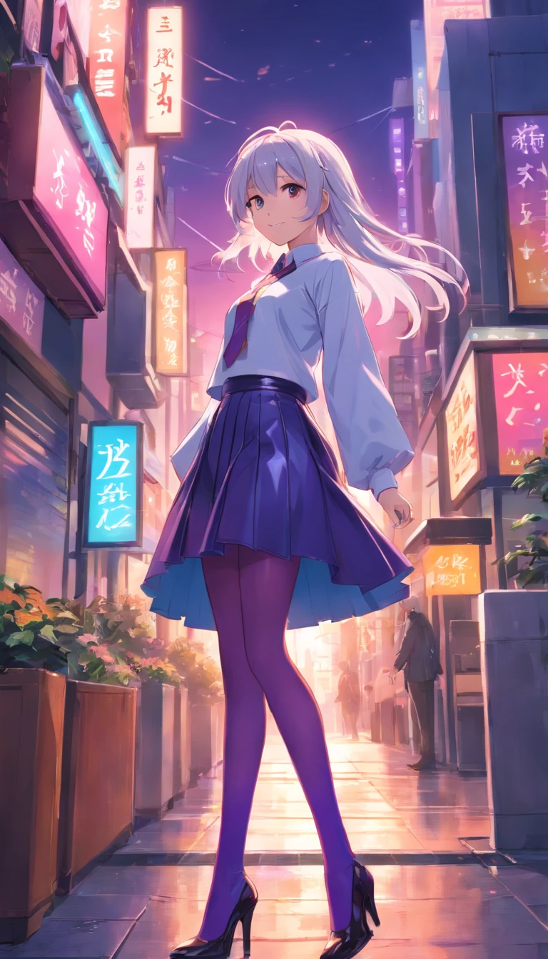 best qualtiy, tmasterpiece, 超高分辨率, realisticlying, 1 girl,(long white hair),Heterochromic pupils,(ssmile)(Leather full skirt set),Purple stockings,high-heels,Neon Square,wide angles