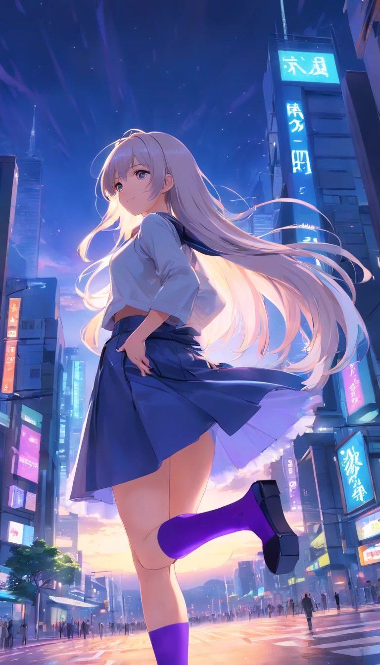 best qualtiy, tmasterpiece, 超高分辨率, realisticlying, 1 girl,(long white hair),Heterochromic pupils,(ssmile)(Leather full skirt set),Purple stockings,high-heels,Neon Square,wide angles
