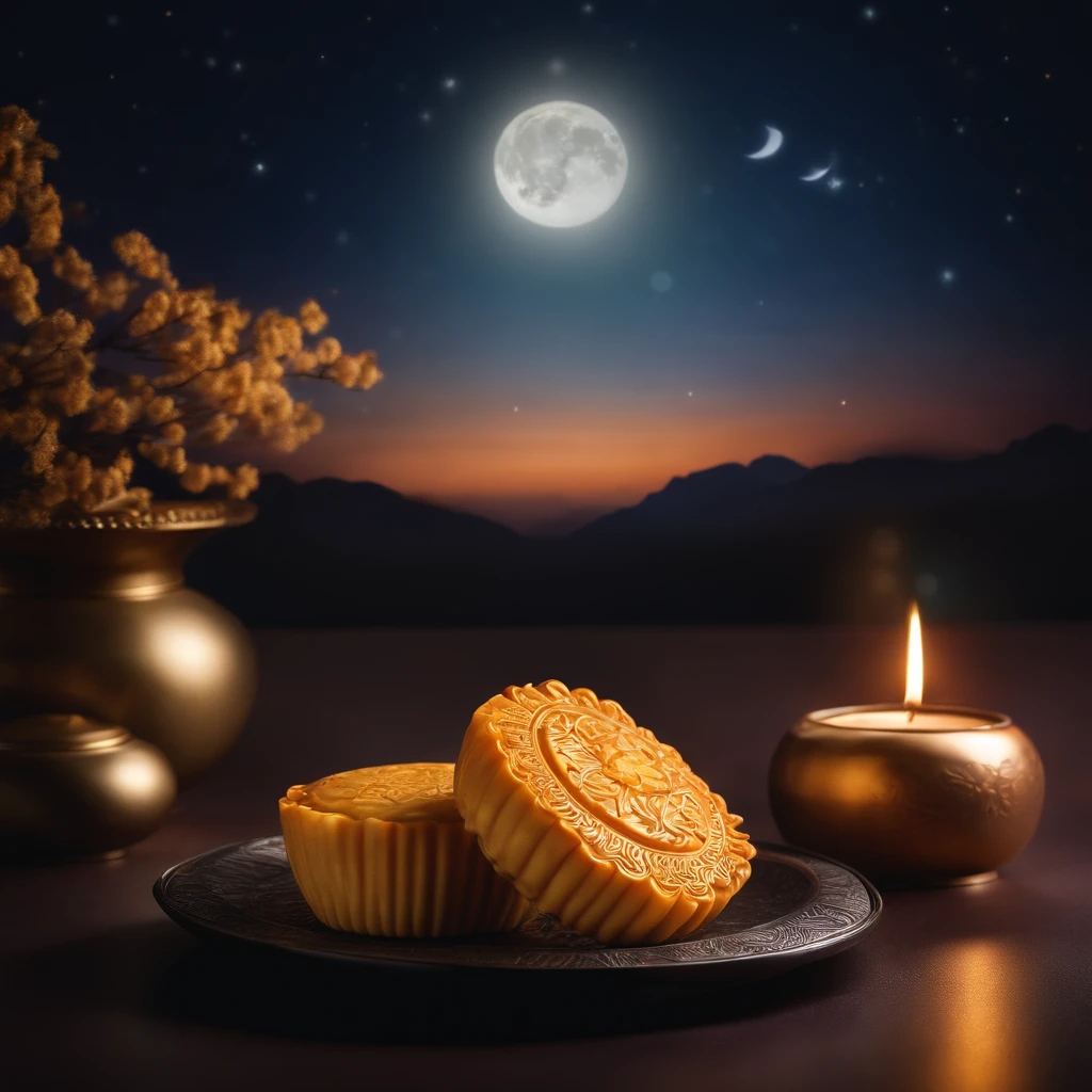 Commercial Shooting, Cantonese egg yolk mooncake, themoon, Night Sky Poster, Fresh style background, Elegant, Booth Lighting, Attractive, Photorealistic colors, Ultra HD