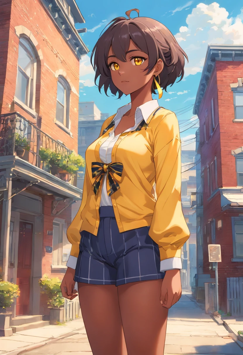 Young dark-skinned Arab girl with yellow eyes, large breasts, strong, athletic, fit, great abs, white hair tied with a yellow ribbon. Wears yellow plaid shirt tied, lots of gold jewelry and navel piercing. She is standing in front of a Victorian greystone row house in Chicago.