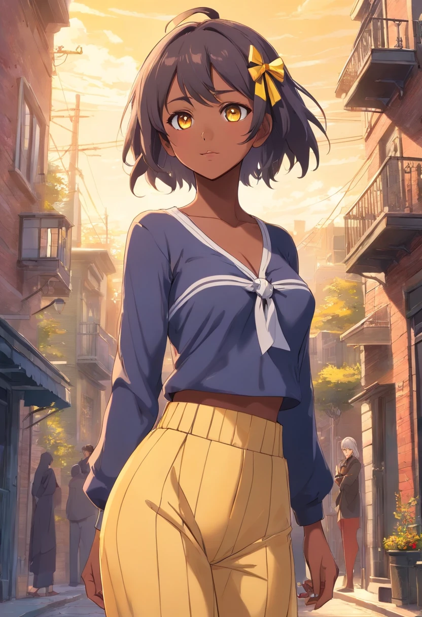 Young dark-skinned Arab girl with yellow eyes, large breasts, strong, athletic, fit, great abs, white hair tied with a yellow ribbon. Wears yellow plaid shirt tied, lots of gold jewelry and navel piercing. She is standing in front of a Victorian greystone row house in Chicago.