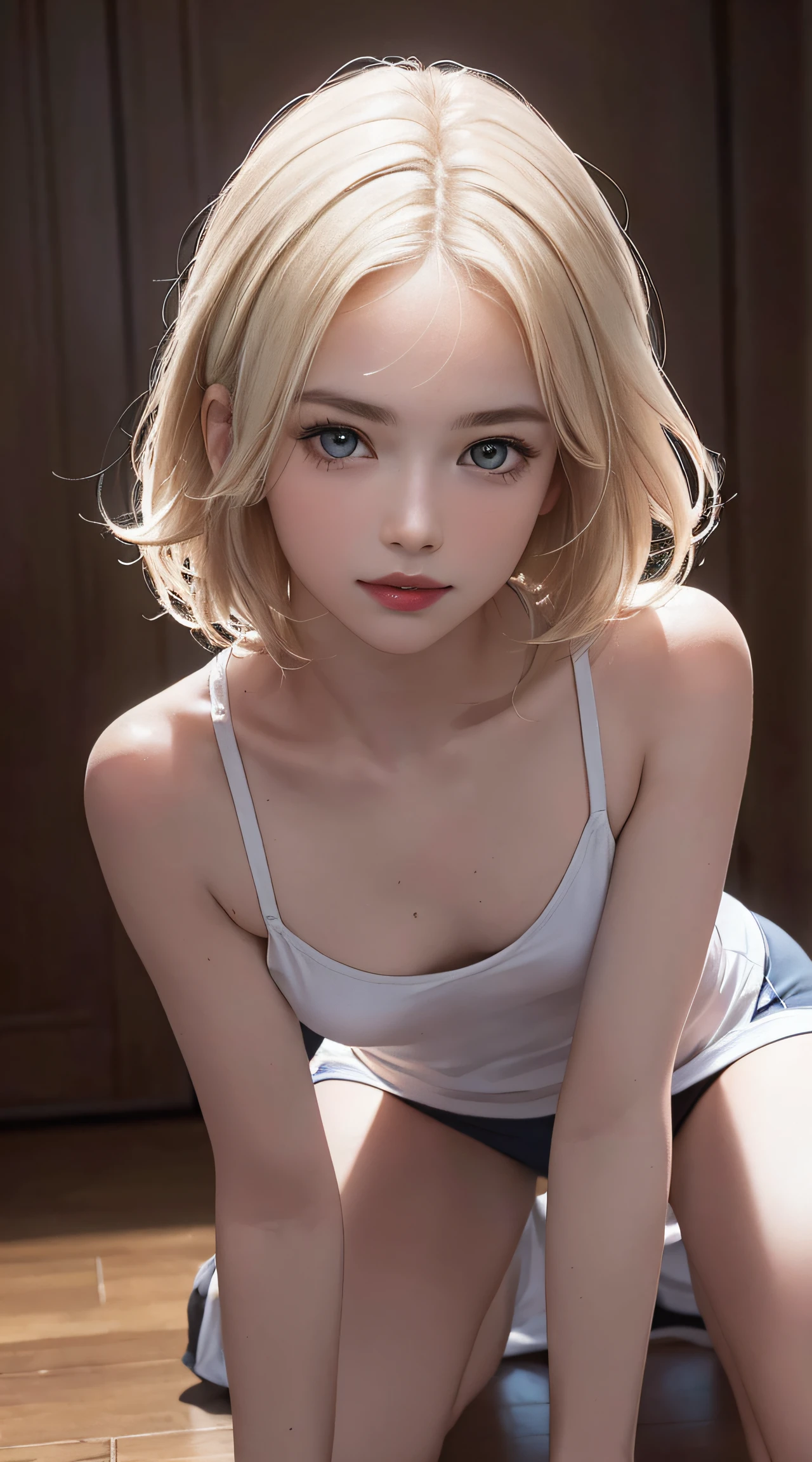 (8K, RAW Photos, of the highest quality, Masterpieces: 1.2), (Realistic, Photorealistic: 1.37), Highest Quality, Ultra High Resolution, focused eyes, light  leaks, Dynamic lighting, Slim and smooth skin, (Full body:1.3), (Soft Saturation: 1.6), (Fair skin: 1.2), (Glossy skin: 1.1), (Oiled skin:1.2), 18 years old, Night, Indoor, Strong morning light from the front,
BREAK,
shiny white blonde, Well-formed, Hair fluttering in the wind, (Close-up shot of face only:1.2), Physically Based Rendering, From multiple angles, (Cute:1.2), Beautiful hair blown in the wind, all-fours, Chest is sheer, Well equipped, Sheer, Transparent, Glittering Gemstones, beautiful body shape, It features a simple,
BREAK,
Hair volume decreases towards the ends of the hair, Beautiful skin without blemishes, (thin white small camisole,,:1.2), Sparkly lips, The air is clear, shiny white blonde hair, Light is coming in from various directions, Hair through strong light, (Erotic:1.3), (Bare chest:1.2), (Small breasts:1.2), Under the breasts, narrowwaist, narrow shoulders, gazing at viewer, Big smile, spring, Bathing,