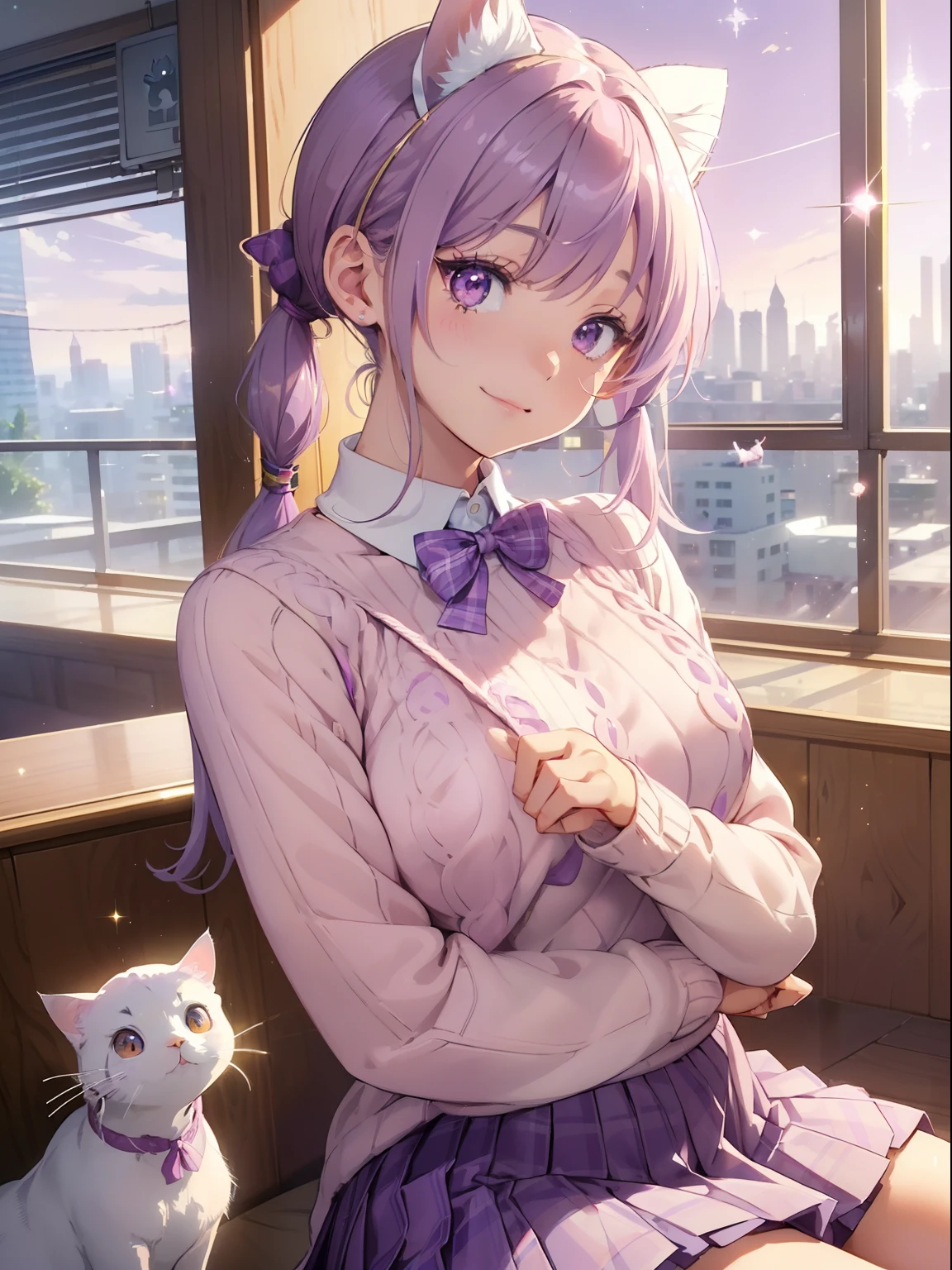 masutepiece, High resolution, 8K, anime woman, Delicate and detailed writing 、Detailed digital illustration、(((Straight pigtail)))、Shiny hair、Bangs、a very beautiful woman、Eyes are double, Large, (((Bust is an A cup)))、High image quality, High quality、Detailed background、The inside of the eye shines like a diamond、Light purple hair、Gradient pupil、(((2 arms、4 fingers, 1 thumb)))、Detailed female face、Very beautiful and cute woman、、细致背景、​masterpiece、Soft Focus , Bright gradient watercolor , Lens Flare , (((Glitter))) , Glow , Dreamy , Light Purple Ribbon、(((Very Beautiful Light Purple Rose Hair Accessories)))、Full smile、(((Face Close-up)、(((Winding check stall))) 、(School Uniforms:1.2), (wearing a light pink knitted sweater over a white shirt,,,,,,,:1.3), (Plaid pleated skirt:1.3),(((Foreign-style cityscape(((1girl in,1cat)))1girl in,1cat)))