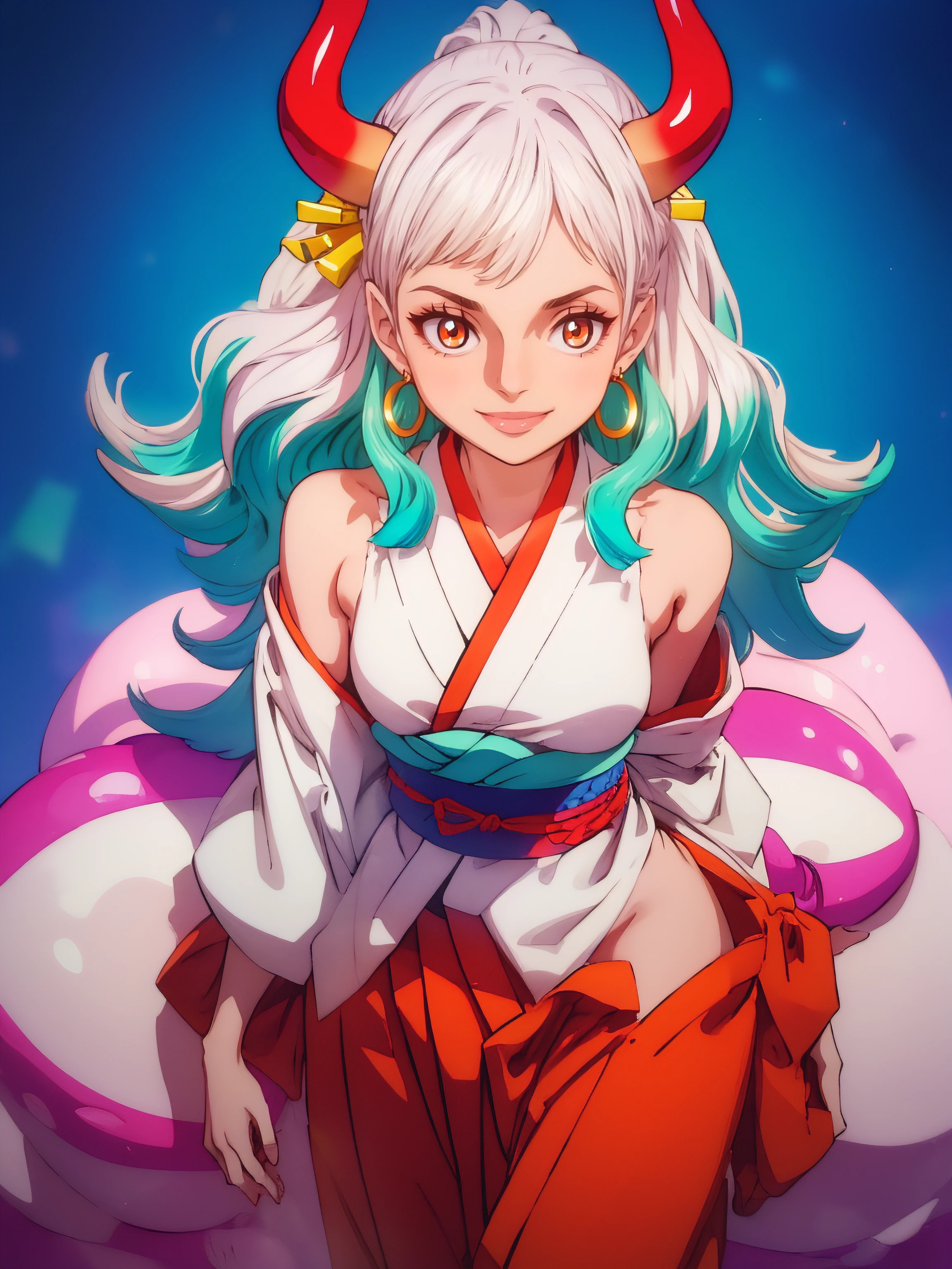 masutepiece, ((hyper detailed background, Delicate pattern, intricate detailes)), (Highly detailed, Fine details), Best Quality,Beautiful lighting, (((medium breasts, Slim Girl, very slim girl))), (Cowboy Shot), YamatoV2, Long hair, 1girl in, Horns, White hair, Solo, sila, red horns, Curled horns, Hair Ornament, (multicolored horns), Jewelry, earrings, Komono, Kimono, hair stick, aqua hair, side locks, hoop earrings, Hakama, Smile, Wide smile, ((Orange Eyes)), simple background,cowboy shot,full body Esbian ,(Depiction from head to foot),