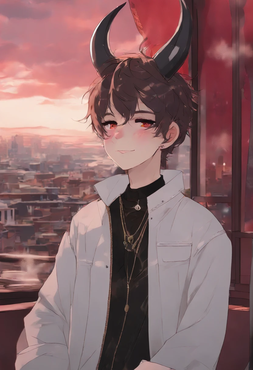 (masterpiece, beautiful, highres), illustration, 1boy, solo, (((cartoon style: 1))), (western cartoon), demon boy with horns, portrait, smiling, black anime medium-short length hair, cute, pink lips, red eyes, young adult, cyberpunk streetwear, rainy sky, cityscape, red hue skin, looking at viewer, bright colors, daytime, ((front facing: 3)), closed mouth, thick lineart: 0.6, red eye, green eye, smug, slim eyes