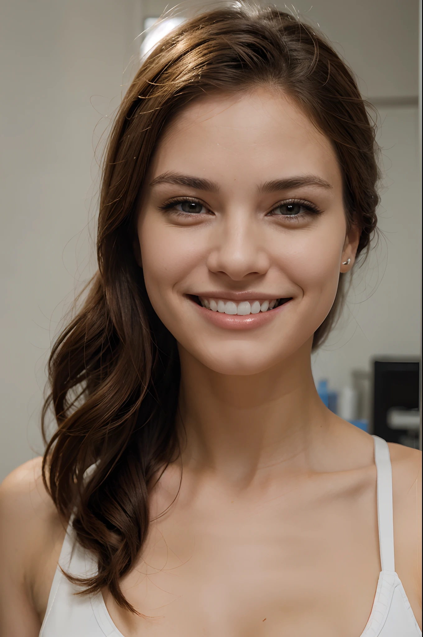 a single beautiful female veterinary technician, smiling with perfect, straight, very white teeth