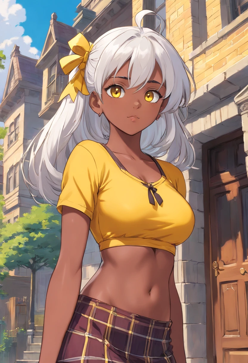 Young dark-skinned Arab girl with yellow eyes, large breasts, strong, athletic, fit, great abs, white hair tied with a yellow ribbon. Wears yellow plaid shirt tied, lots of gold jewelry and navel piercing. She is standing in front of a Victorian greystone row house in Chicago.