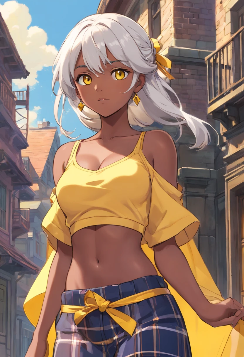 Triumphant, Dark-skinned Arab woman with white hair, white eyebrows, yellow eyes, large breasts, shortstack, strong, athletic, fit, white hair tied with a yellow ribbon. Wears yellow and black motorcycle leathers, lots of gold jewelry and navel piercing. She is standing on a street in Chicago.