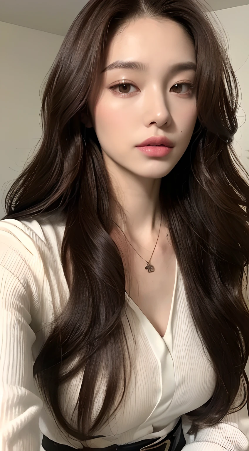 (Best quality, high resolution, masterpiece: 1.3), a tall and beautiful woman, slender abs, ((Dark Brown Hair In Loose Wavy Styling)) ((Long Brown Hair)) breasts, wearing a pendant, white buttoned shirt, belt, black Res Veigna, (background is an interior modern bed), face and skin texture in beautifully presented details, detailed eyes, double eyelids