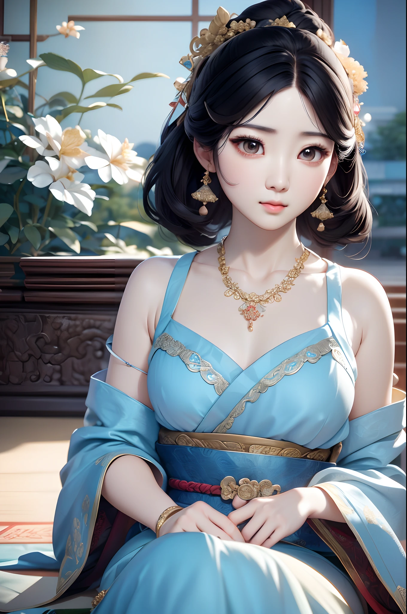 Close-up of a woman wearing a light blue slip dress necklace, Chinese style, Chinese girl, Beautiful character painting, Guviz-style artwork, Palace ， A girl in Hanfu, Beautiful rendering of the Tang Dynasty, Realistic anime 3 D style, trending on cgstation, 8K high quality detailed art, Princesa chinesa antiga, Chinese woman, Guviz