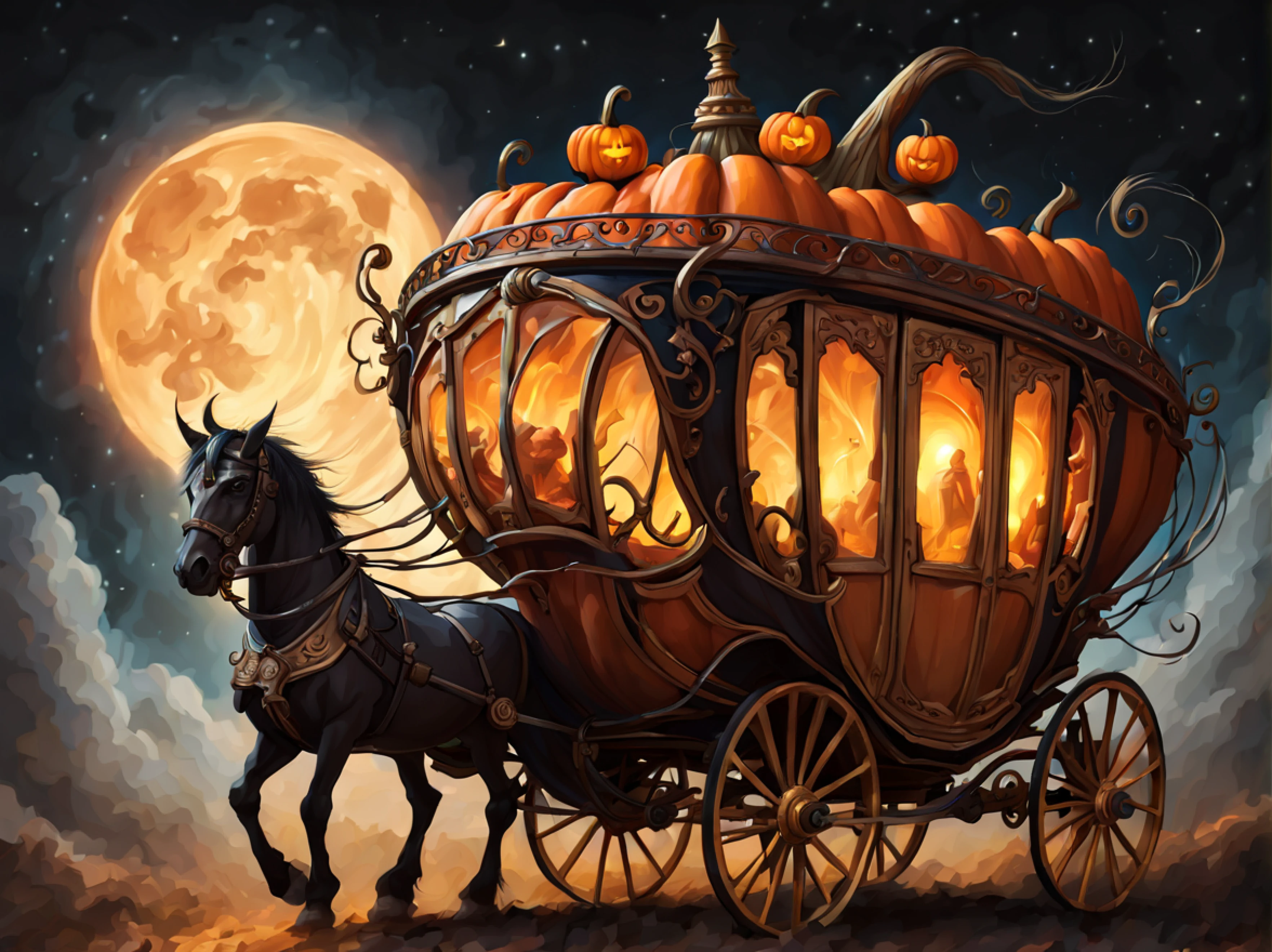 (epic digital drawing), low angle shot of a big flying upwards (elegant carriage in the shape of a menacing pumpkin:1.2) with undead unicorns, starry moonlit night, thunderstorm, lightnings