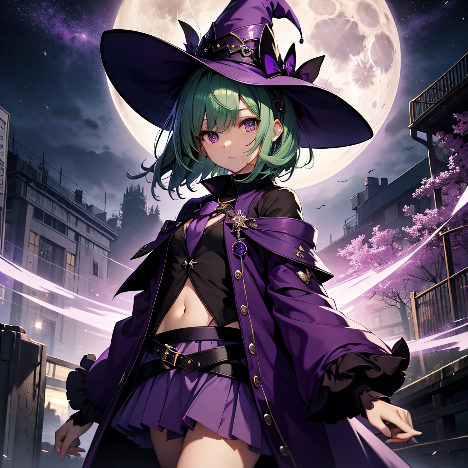top-quality、extremely delicate and beautiful、(A teenage girl)、Purple Eye、Green hair、short-haired、(purple witch hat)、Purple tie、Soio、shortsleeves、Purple skirt、Purple Wizard Robe、Navel、is standing、Full moon night on background