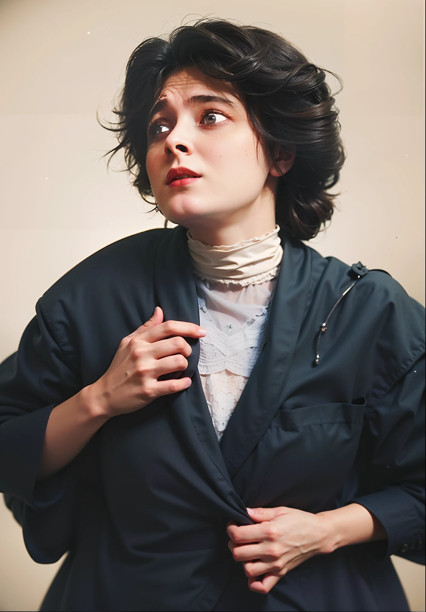there is a woman that is wearing a black jacket and tie, autochrome pearl portrait, by Joseph Kleitsch, hand - tinted, by Rudolf Koller, portrait of the actress, raphaël, autochrome photograph, autochrome, colourized, 4 k photo autochrome, oil painting of realistic woman, kramskoi 4 k, High quality image, masterpiece, detailed hair texture, detailed skin texture, detailed cloth texture, 8k, add fabric details, ultra detailed skin texture, ultra detailed photo, skin pores, cloth details, high skin details, realistic hair details