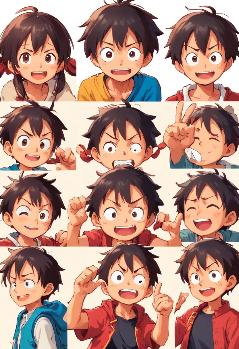 Cute boy luffy avatar，Emoji pack，(9 emojis，emoji gauges，Align arrangement)，9 poses and expressions (surprise，astonishment，having fun，exhilarated，big laughter，tender, angry，doubt，Touch your heart, cry) ，Anthropomorphic style，Pixar style，black
stroke，different emotions，9 poses and expressions，8K