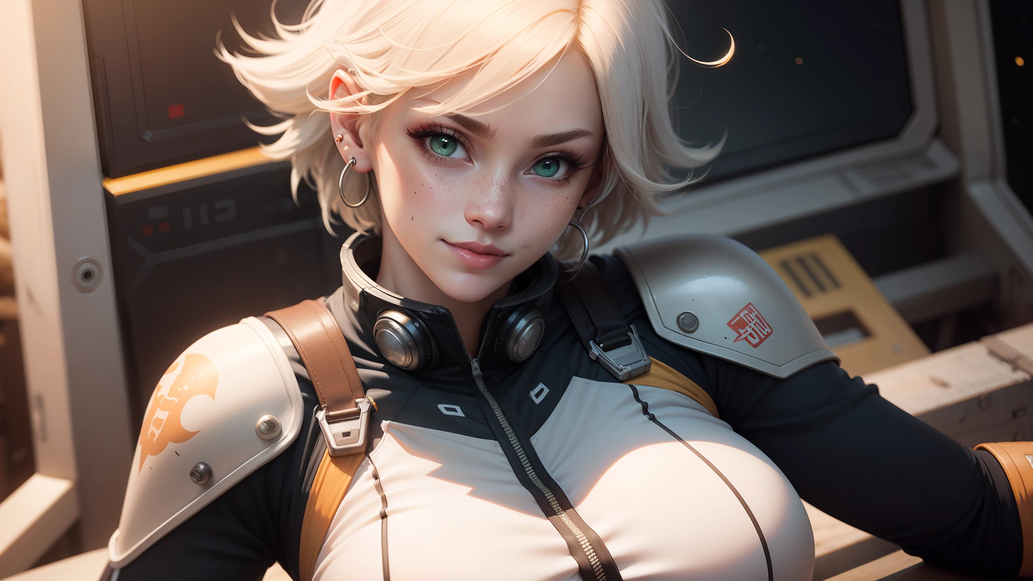 gwen tennyson,ryuuko matoi,y'shtola rhul,tracer,atelier ryza,overwatch,close up,mecha pilot,space port,tattoos,orange and silver plugsuit,white short sleeve lycra top,steel cargo pants,uncovered belly,short hair,cute makeup,green eyes,dimensional golden hair,shy smile,freckles,beautiful girl,large breasts,8k,ultra detailed,realistic,fantasy art,saiyan armor,cyborg armor,steel armor,space ship,pilot uniform,ear piercings,hair pin,super saiyan girl,saiyan female,pilot jacket,